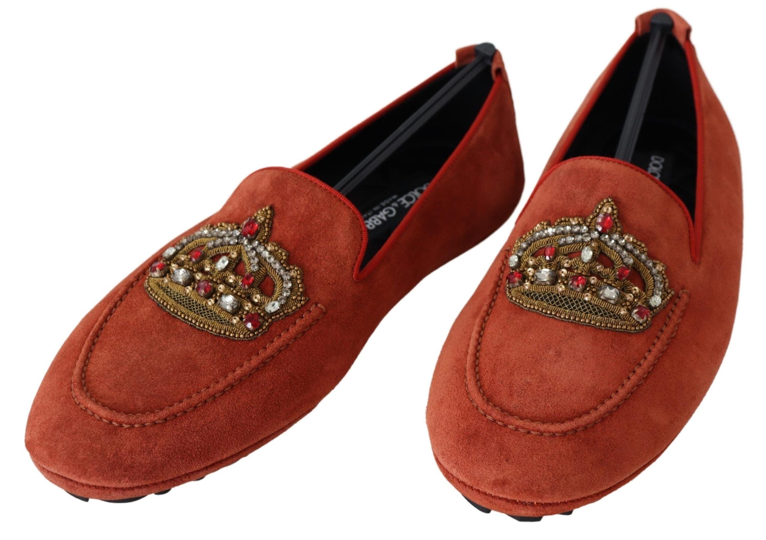 Dolce & Gabbana Orange Leather Crystal Crown Loafers Men's Shoes