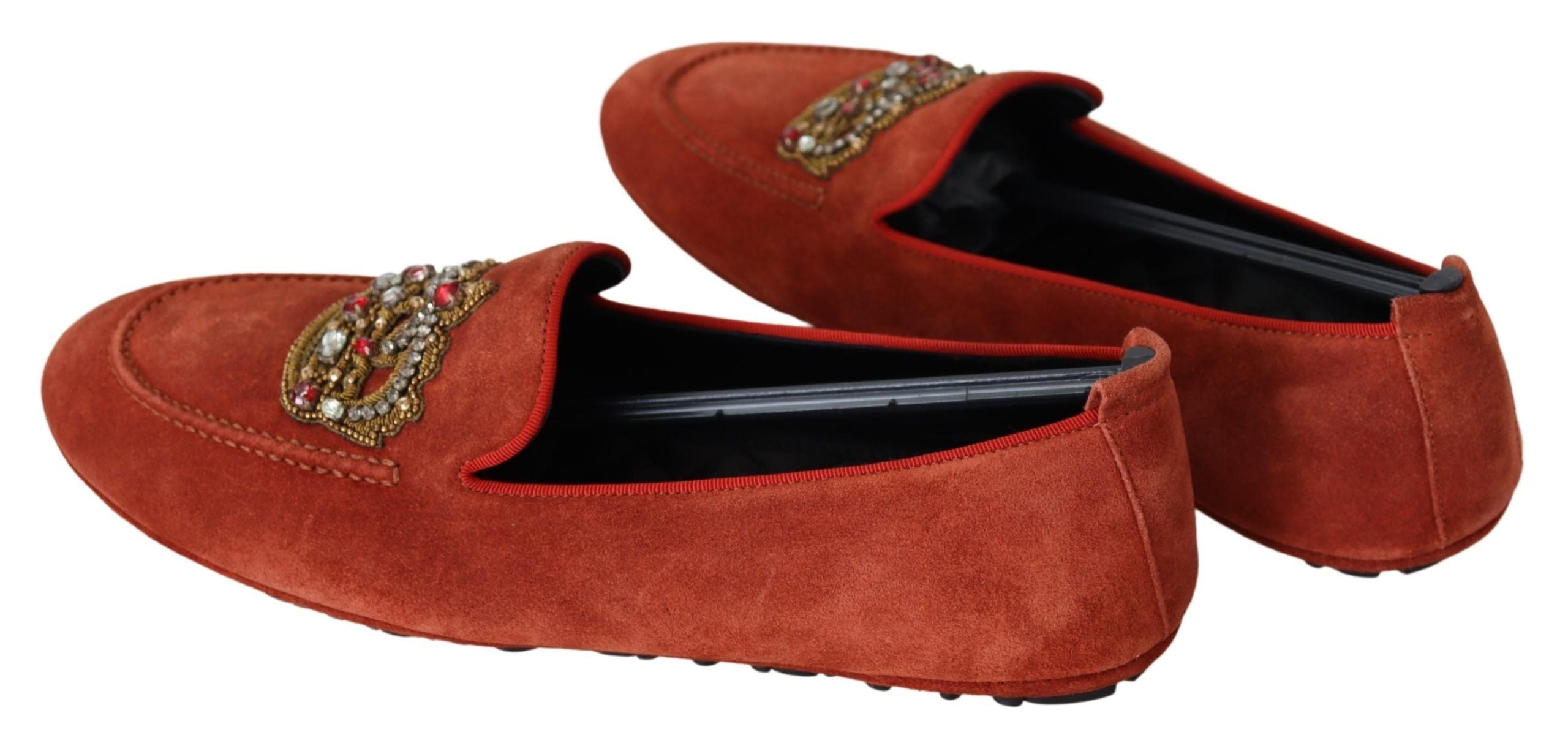 Dolce & Gabbana Orange Leather Crystal Crown Loafers Men's Shoes