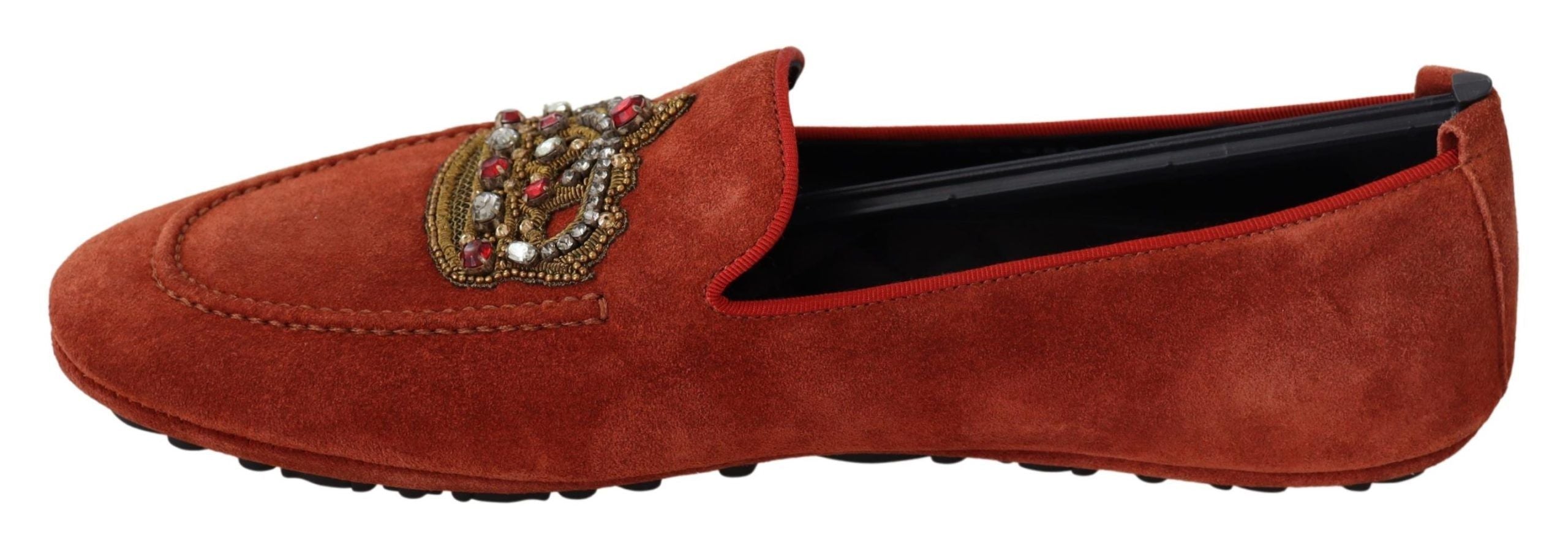 Dolce & Gabbana Orange Leather Crystal Crown Loafers Men's Shoes