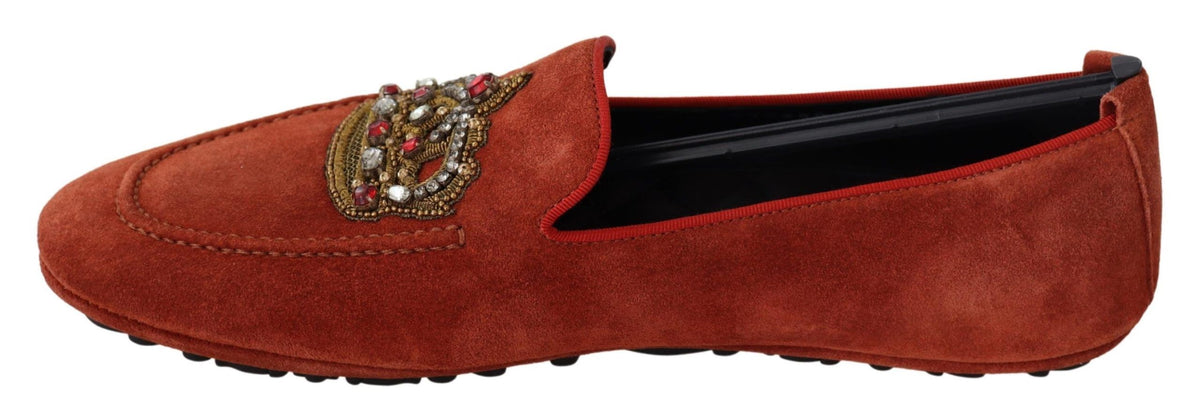 Dolce & Gabbana Orange Leather Crystal Crown Loafers Men's Shoes