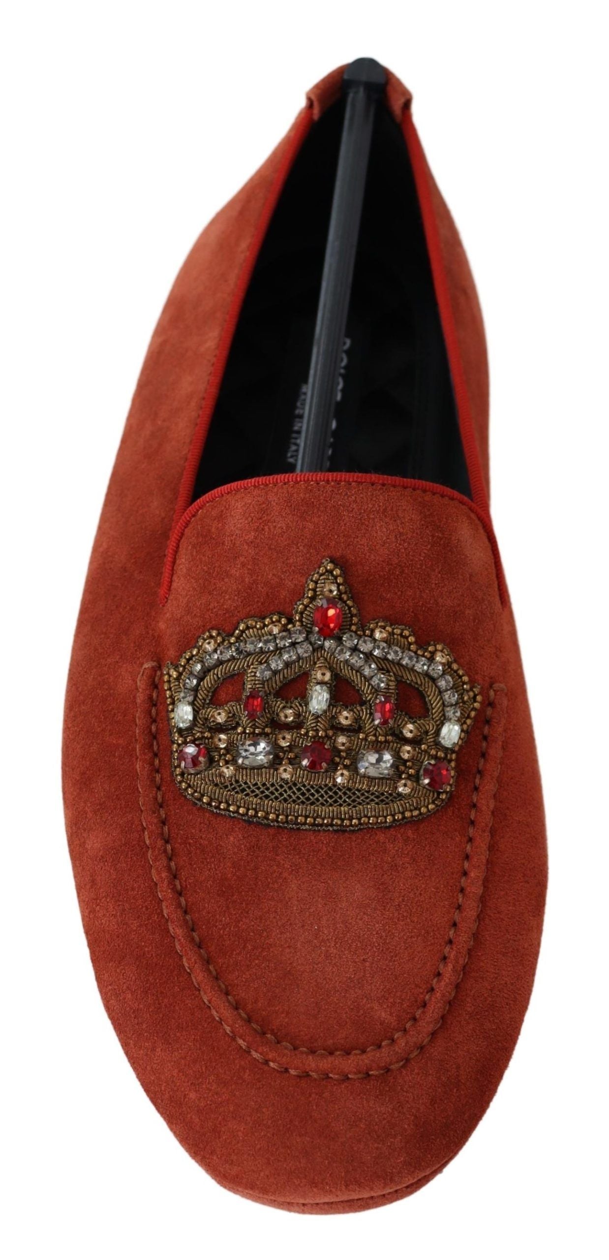 Dolce & Gabbana Orange Leather Crystal Crown Loafers Men's Shoes