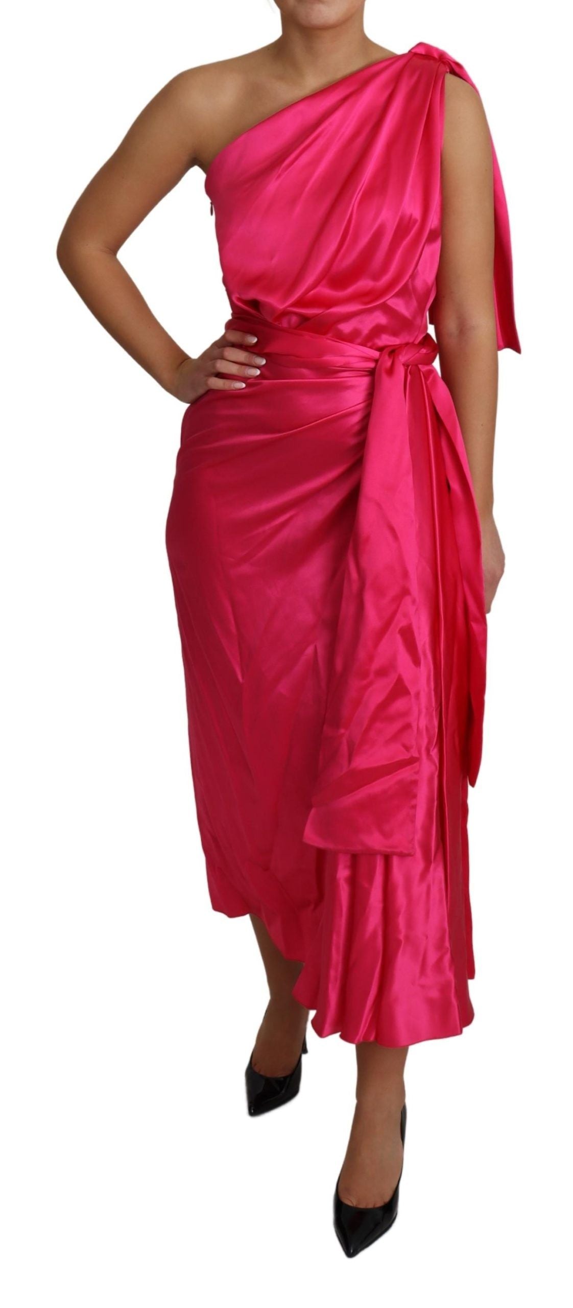 Dolce & Gabbana Women's Pink Fitted Cut One Shoulder Midi Women's Dress