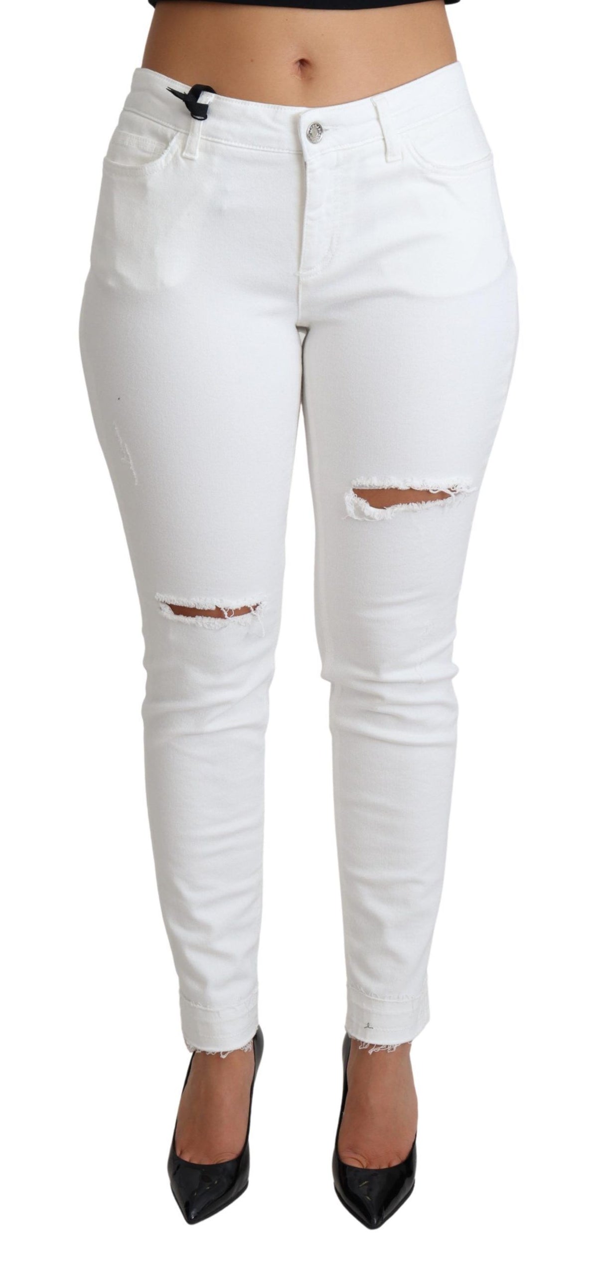 Dolce & Gabbana White Tattered Skinny Denim Cotton Stretch Women's Jeans