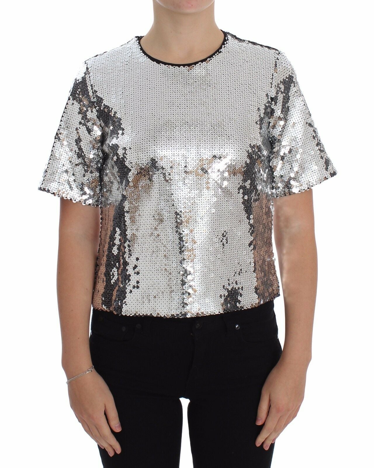 Dolce & Gabbana Silver Sequined Crewneck Blouse T-shirt Women's Top