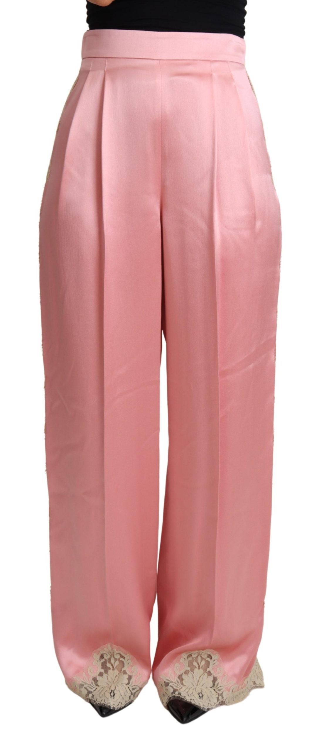 Dolce & Gabbana Pink Lace Trimmed Silk Satin Wide Legs Women's Pants