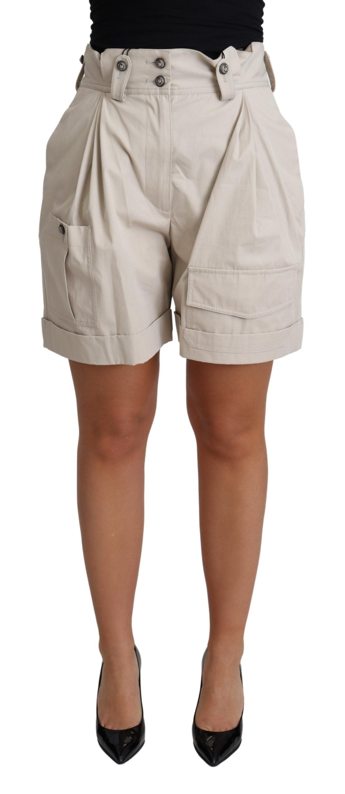 Dolce & Gabbana Beige Cotton Pleated High Waist Casual Women's Shorts