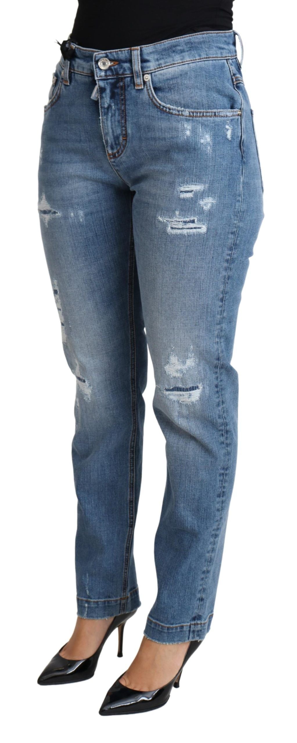 Dolce & Gabbana Blue Tattered Skinny Denim Cotton Blend Women's Jeans