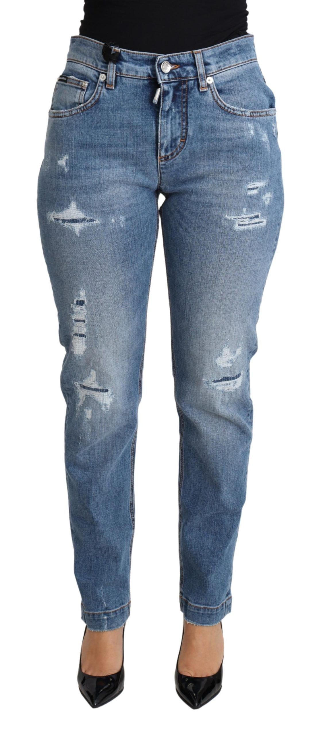 Dolce & Gabbana Blue Tattered Skinny Denim Cotton Blend Women's Jeans