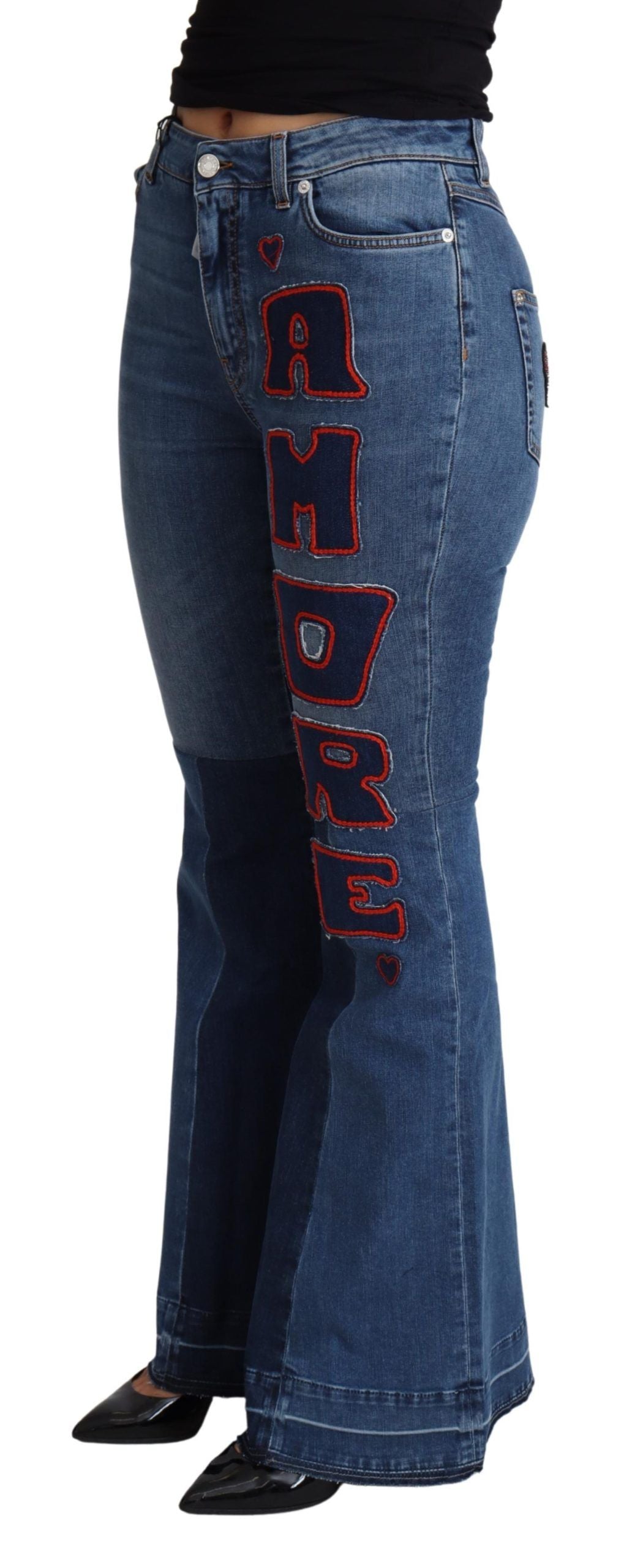 Dolce & Gabbana Blue Amore Patch Boot Cut Cotton Stretch Women's Pant