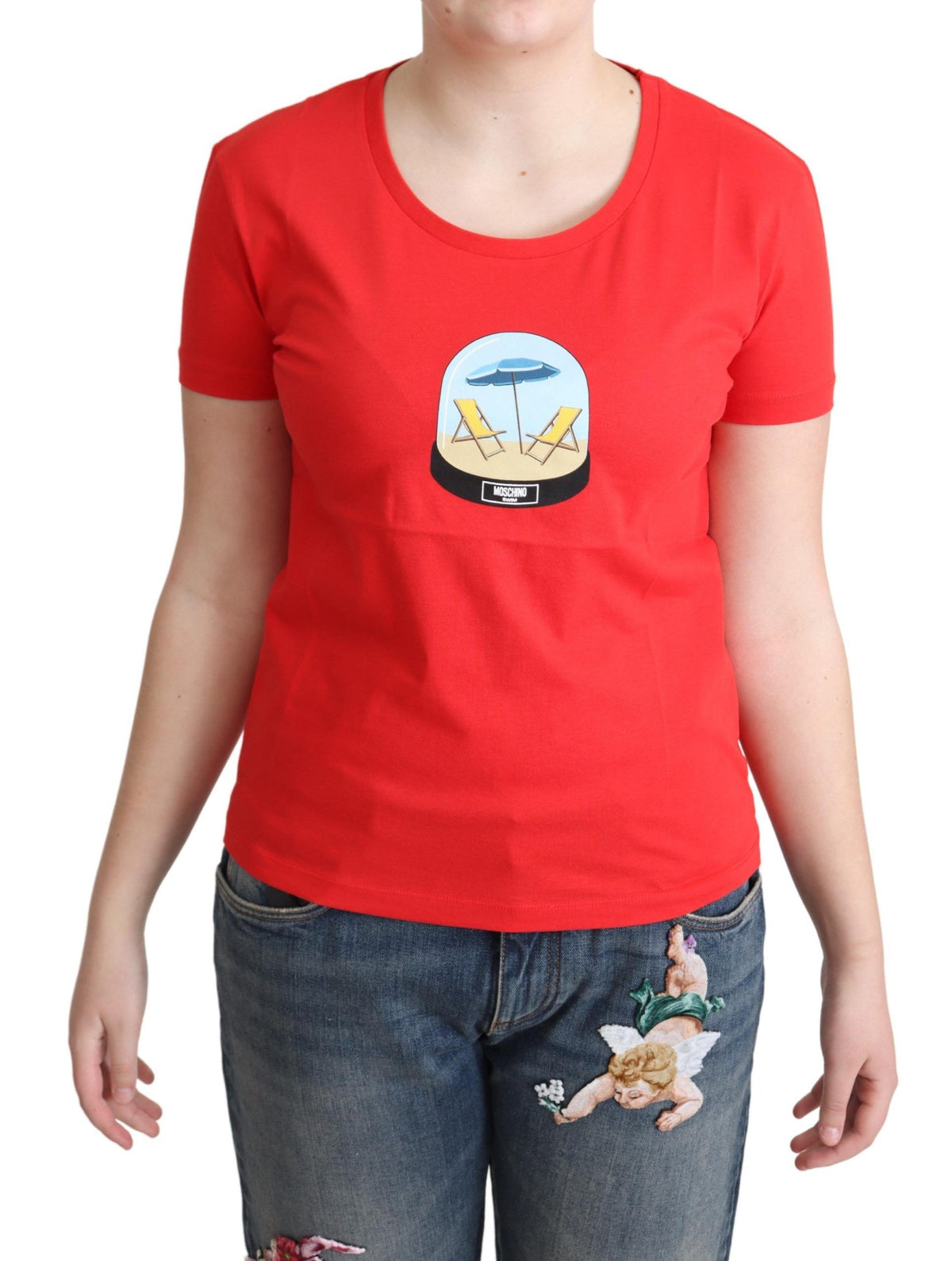 Moschino Red Printed Cotton Short Sleeves Tops Blouse Women's T-shirt