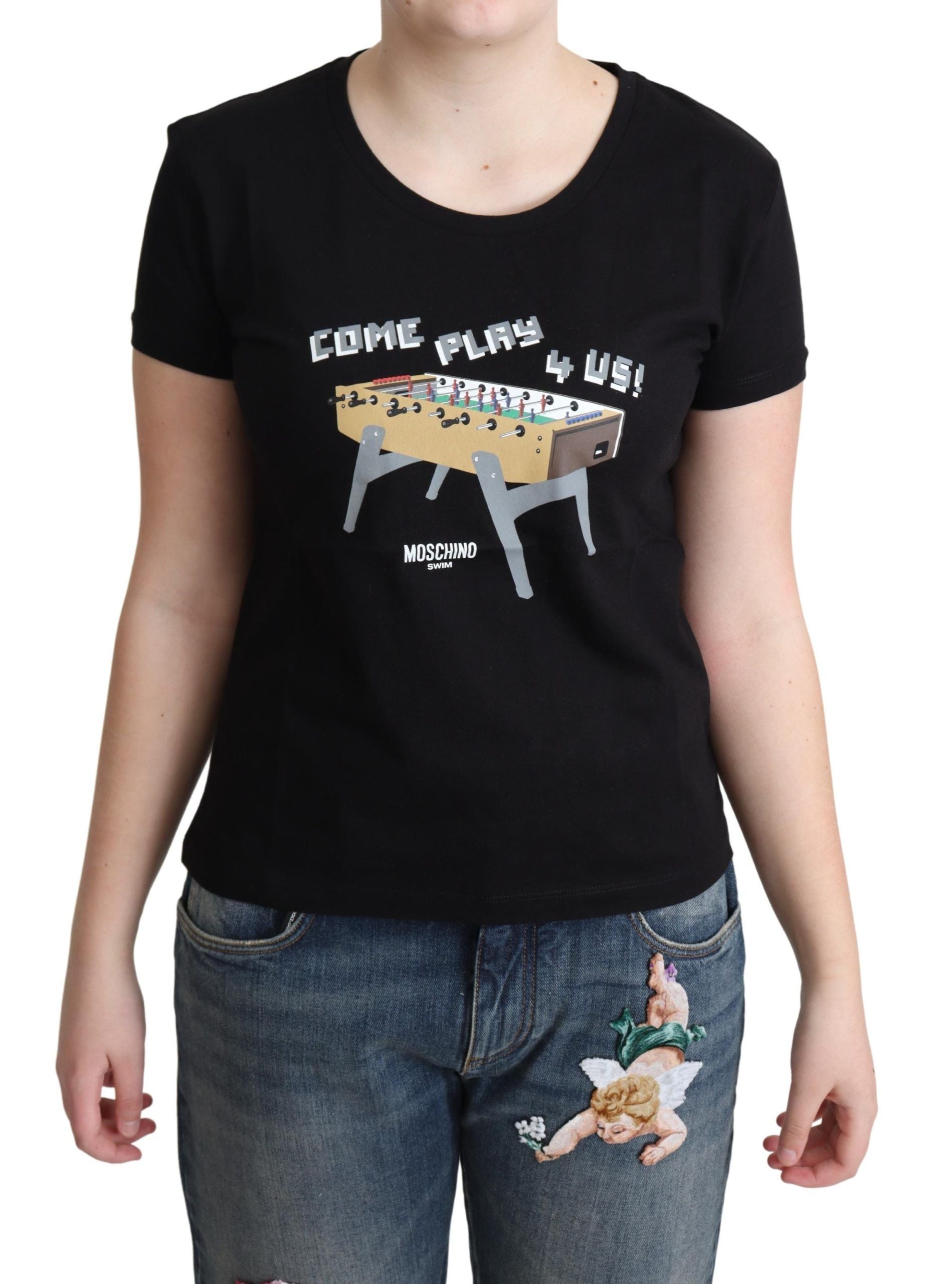 Moschino Black Cotton Come Play 4 Us Print Tops Women's T-shirt