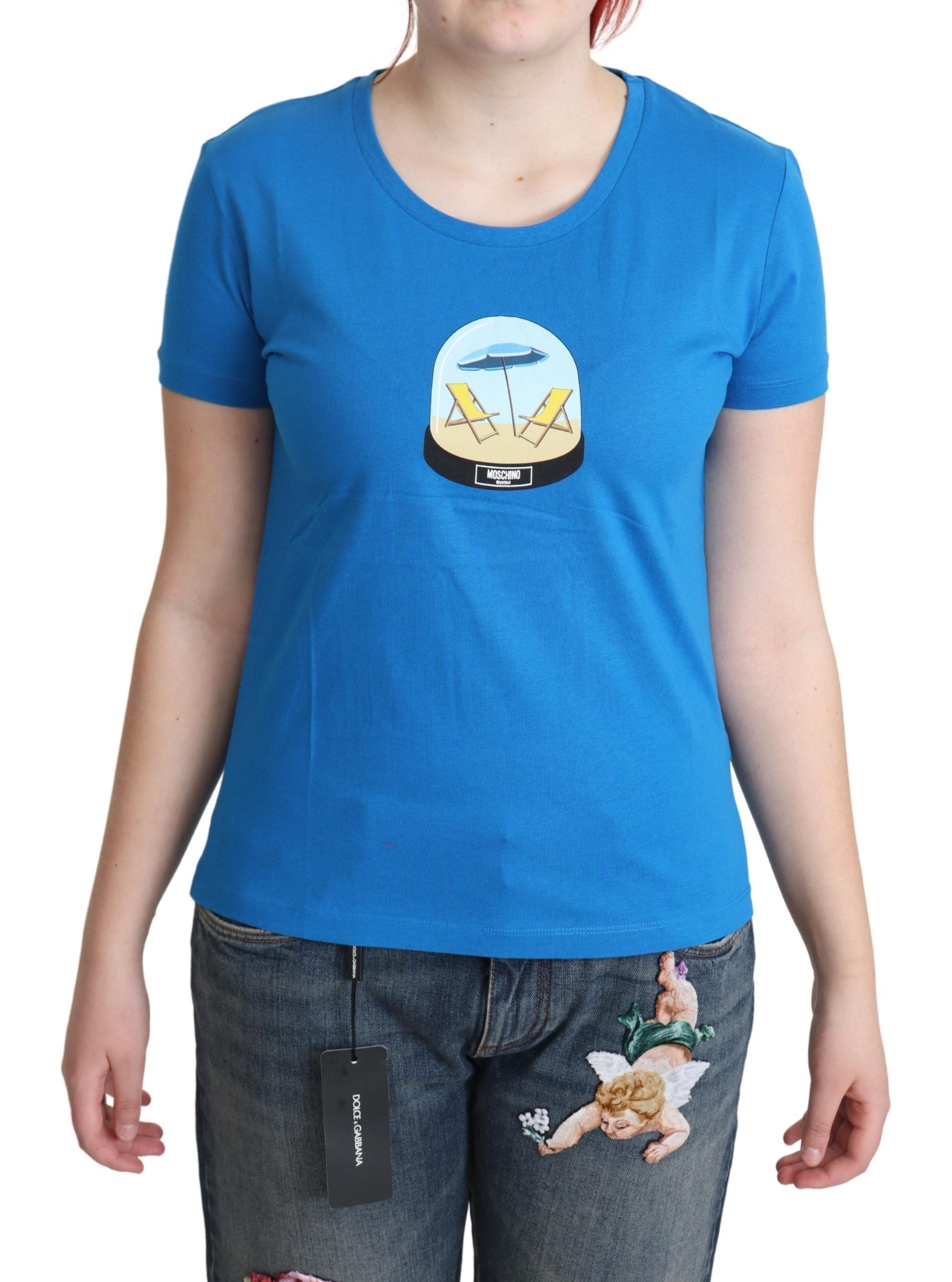 Moschino Blue Printed Cotton Short Sleeves Tops Women's T-shirt