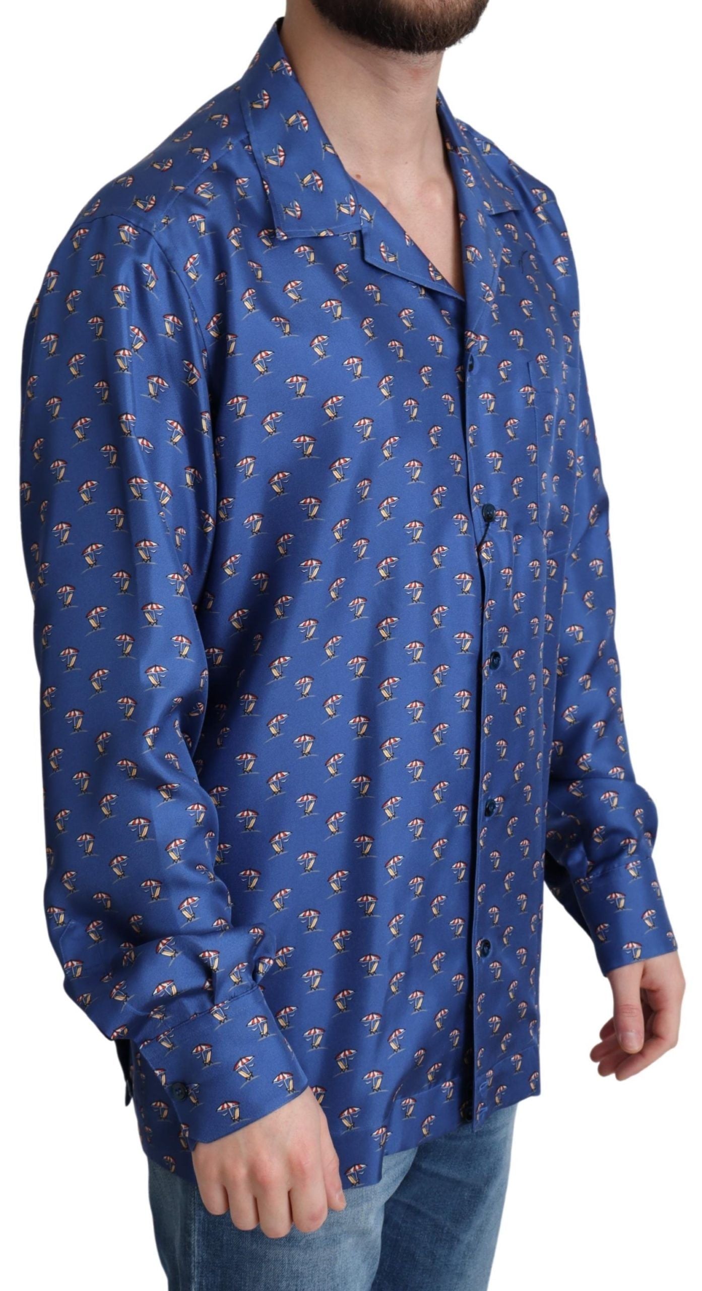 Dolce & Gabbana Blue Beach Chair Umbrella Print Silk Men's Shirt