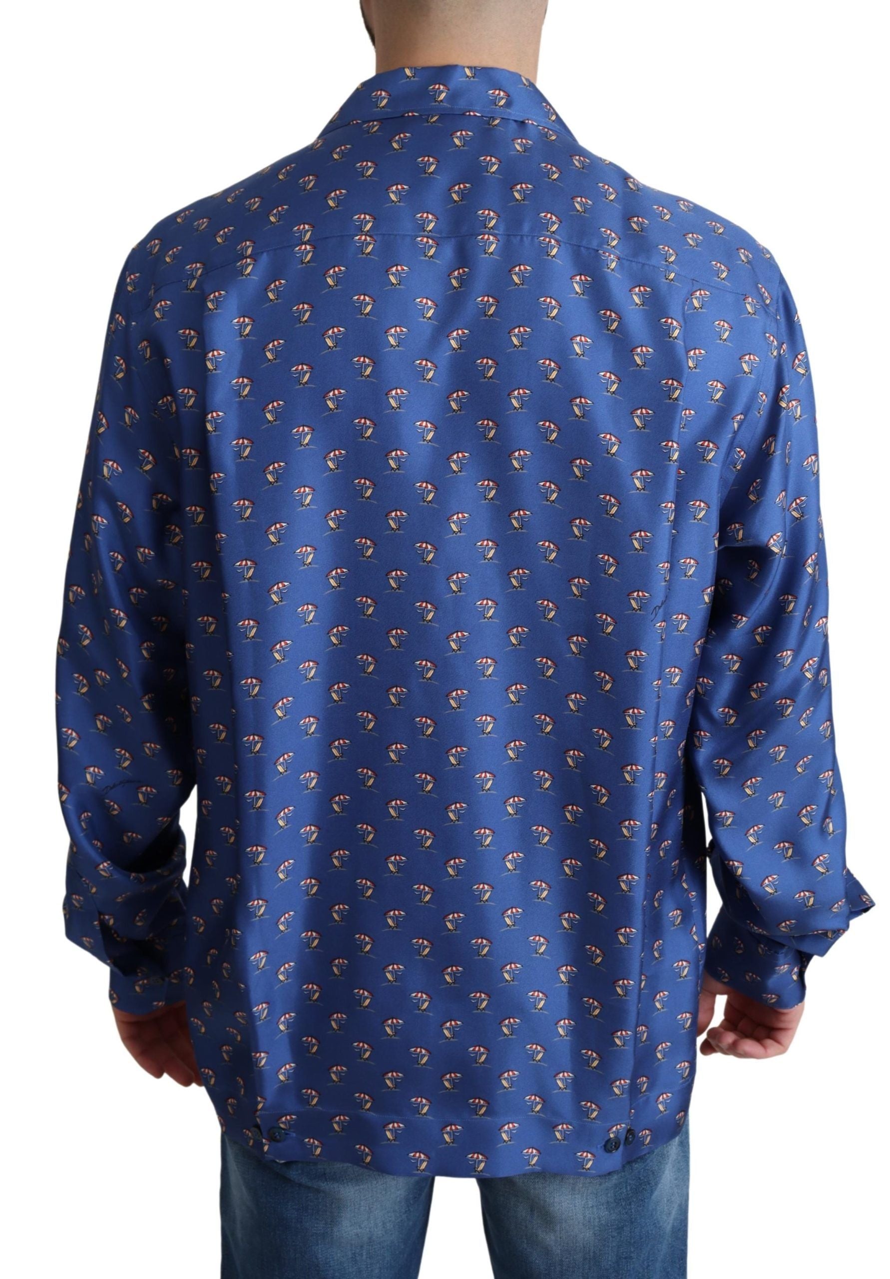 Dolce & Gabbana Blue Beach Chair Umbrella Print Silk Men's Shirt