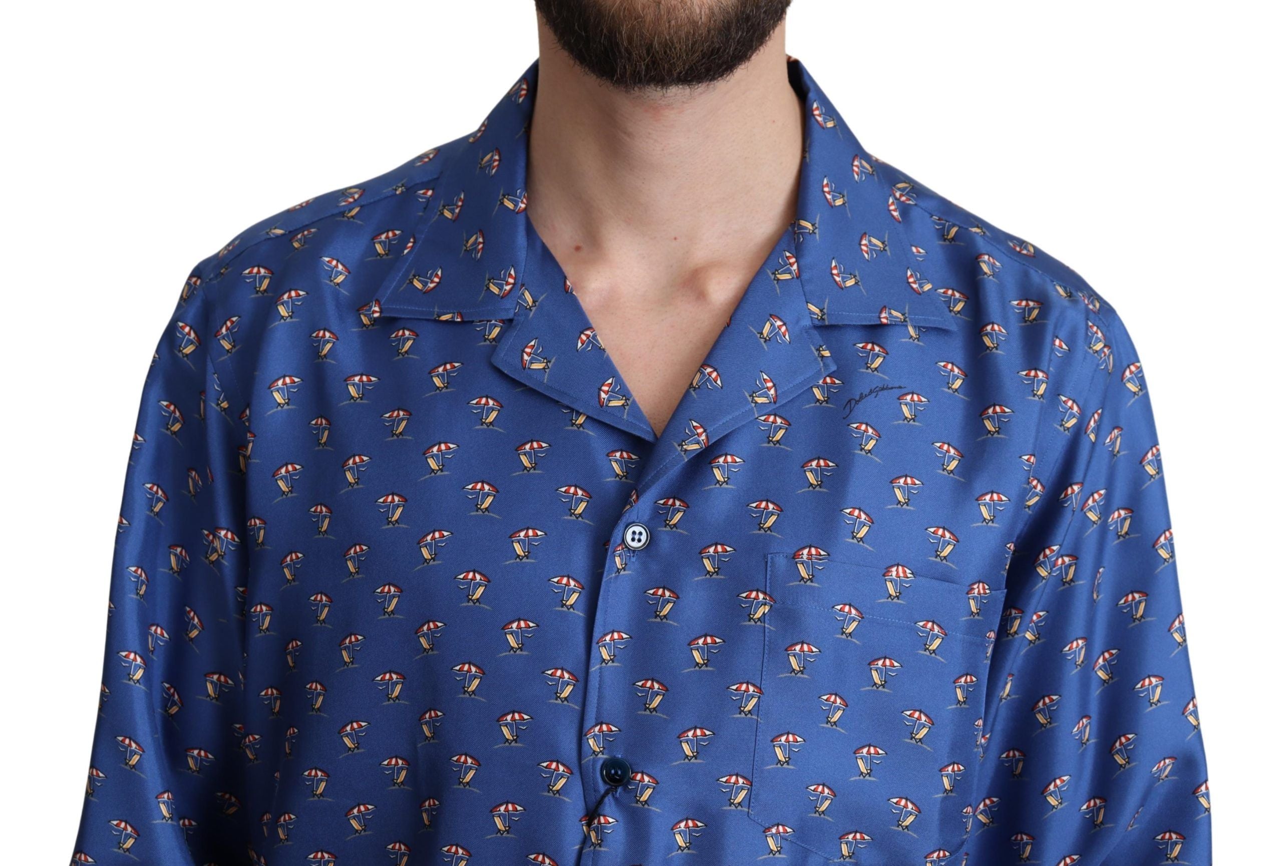 Dolce & Gabbana Blue Beach Chair Umbrella Print Silk Men's Shirt