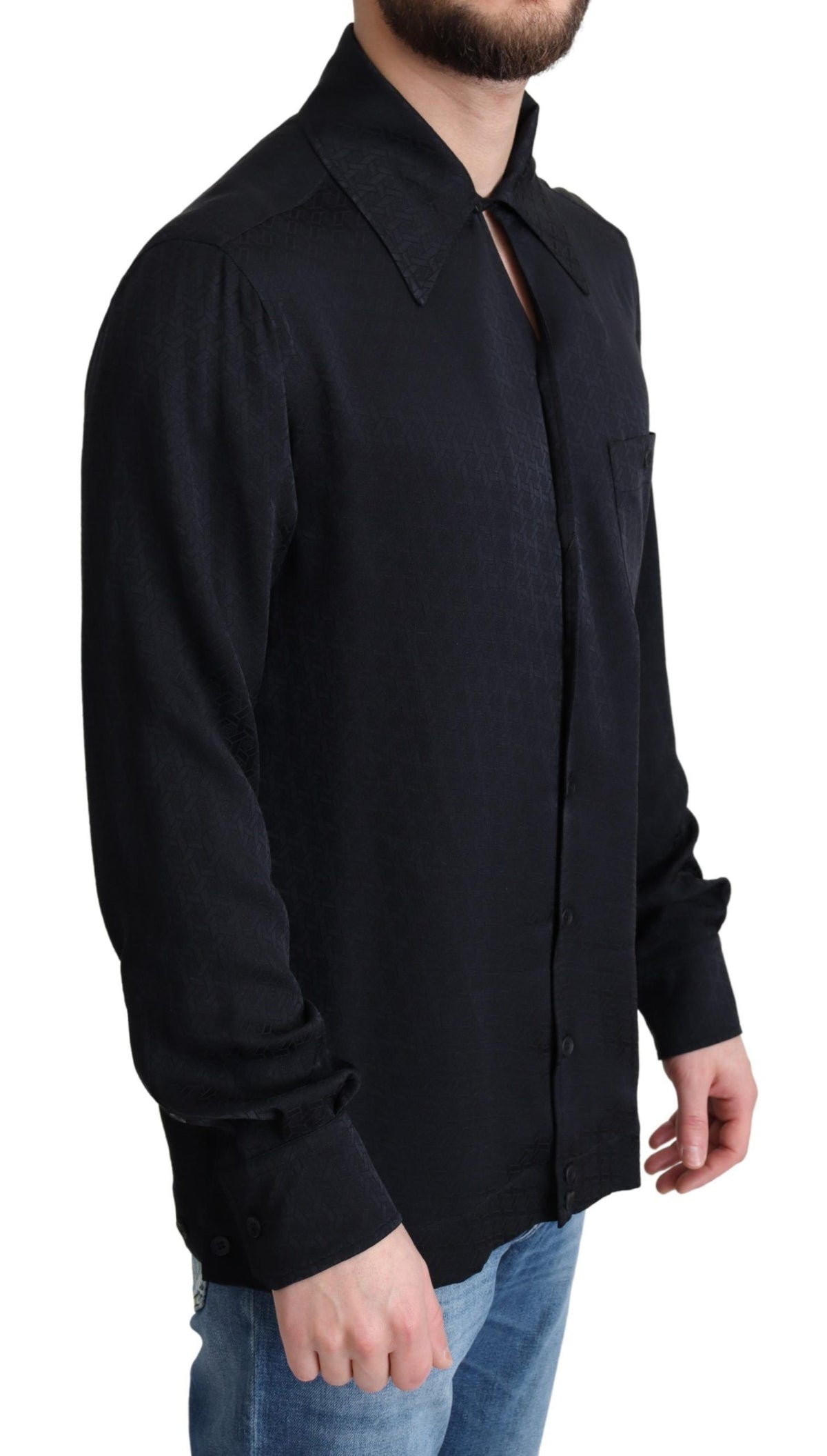 Dolce & Gabbana Black Jacquard Silk Casual Button Down Men's Shirt