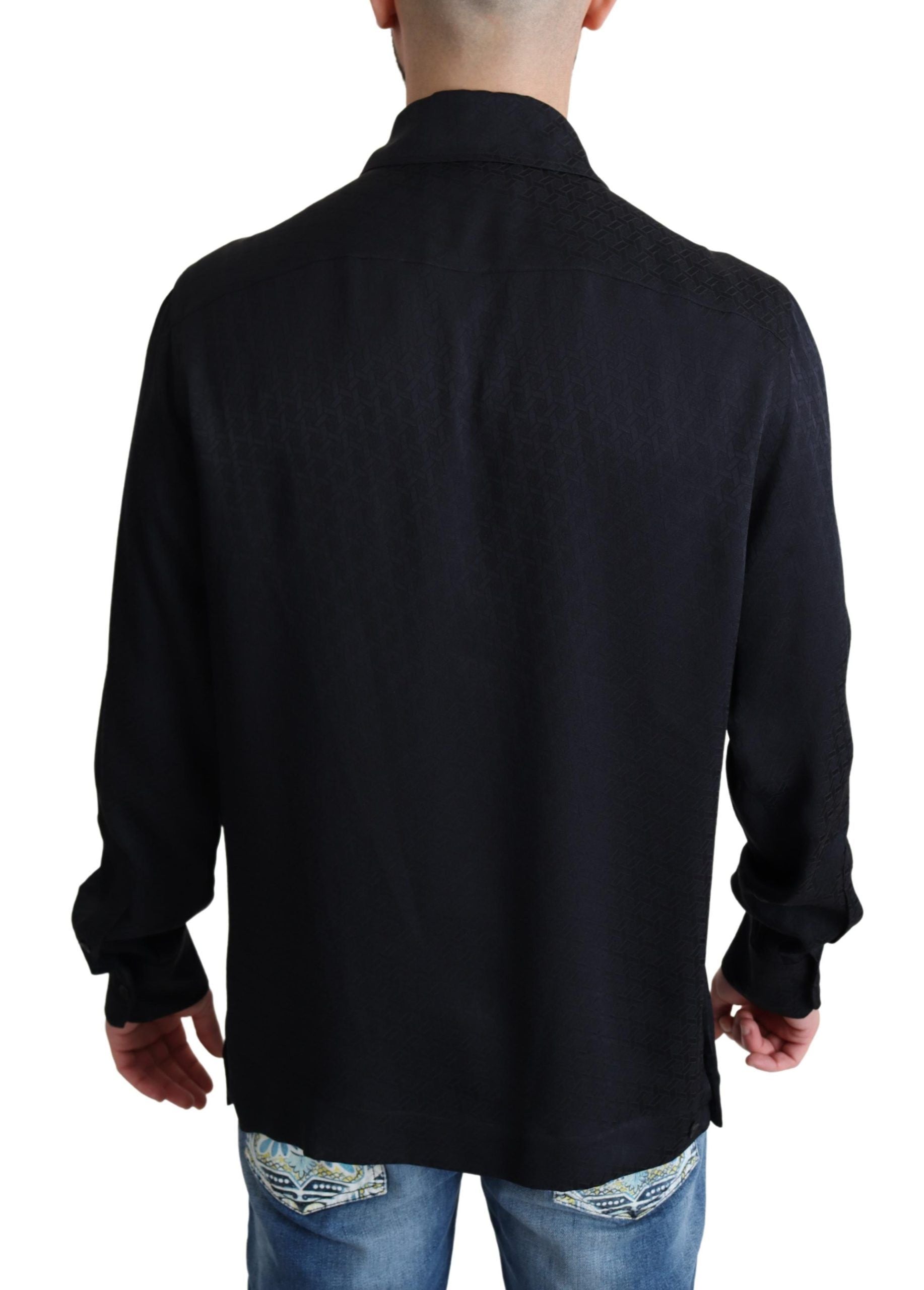 Dolce & Gabbana Black Jacquard Silk Casual Button Down Men's Shirt
