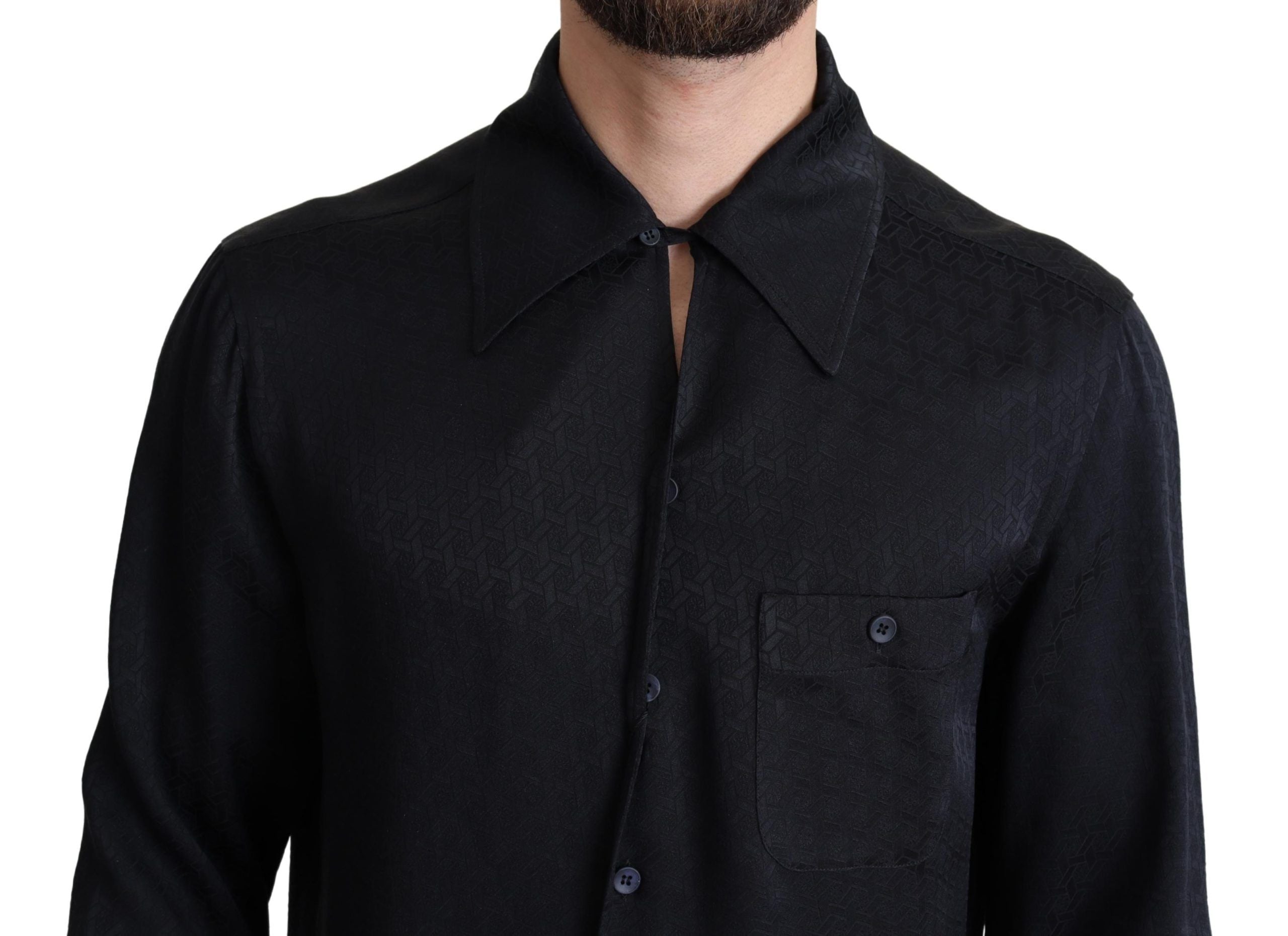Dolce & Gabbana Black Jacquard Silk Casual Button Down Men's Shirt