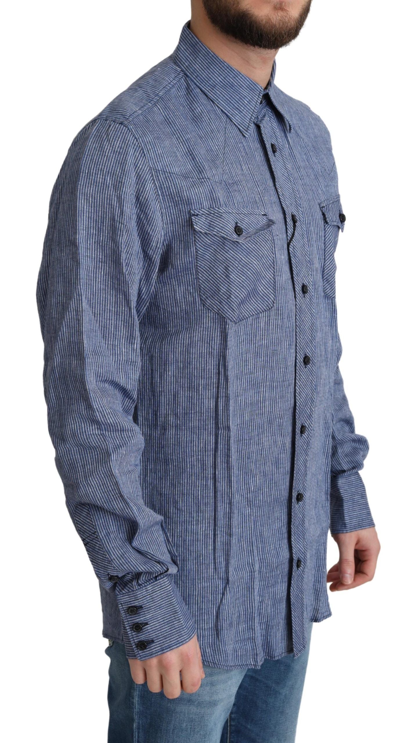 Dolce & Gabbana Blue Stripes Men Casual Button Down Men's Shirt