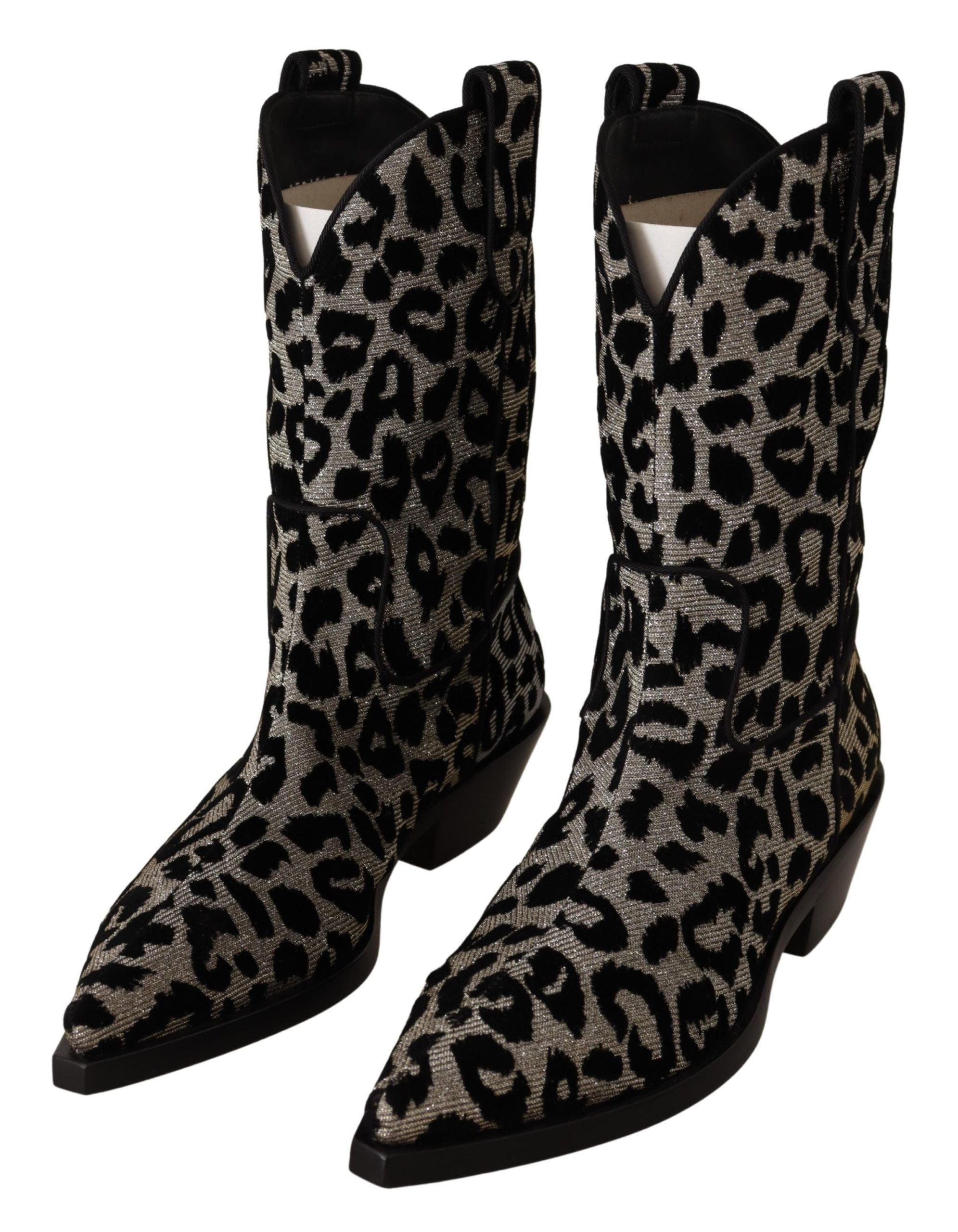 Dolce & Gabbana Gray Black Leopard Cowboy Boots Women's Shoes