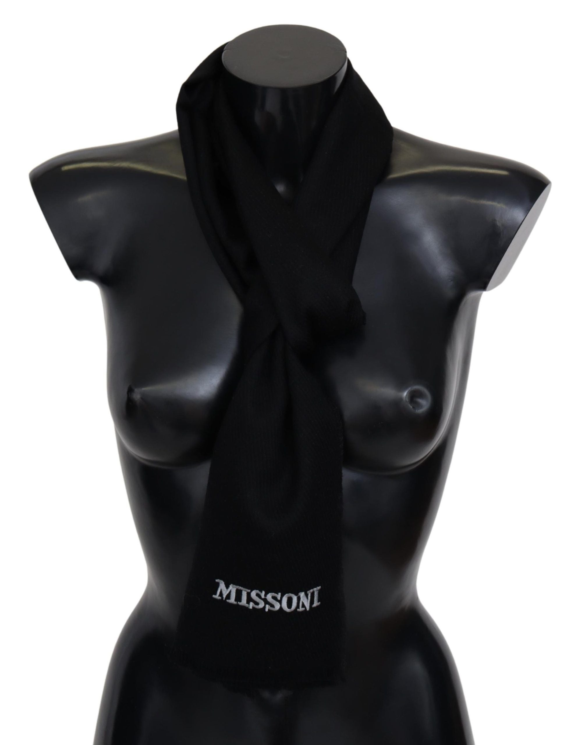 Missoni Black 100% Wool Unisex Neck Wrap Fringes Logo Men's Scarf