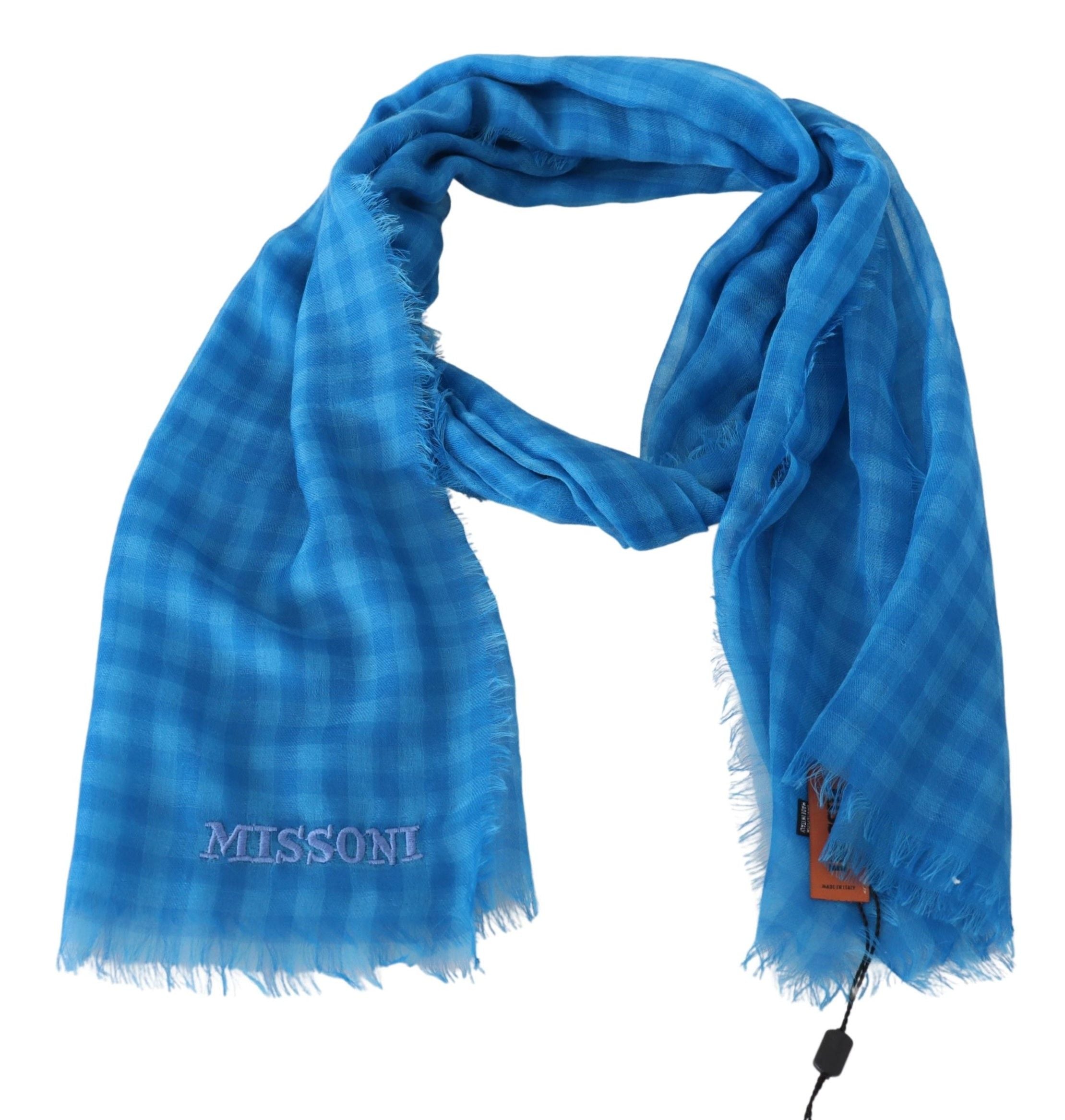 Missoni Blue Checkered Cashmere Unisex Wrap Fringes Men's Scarf