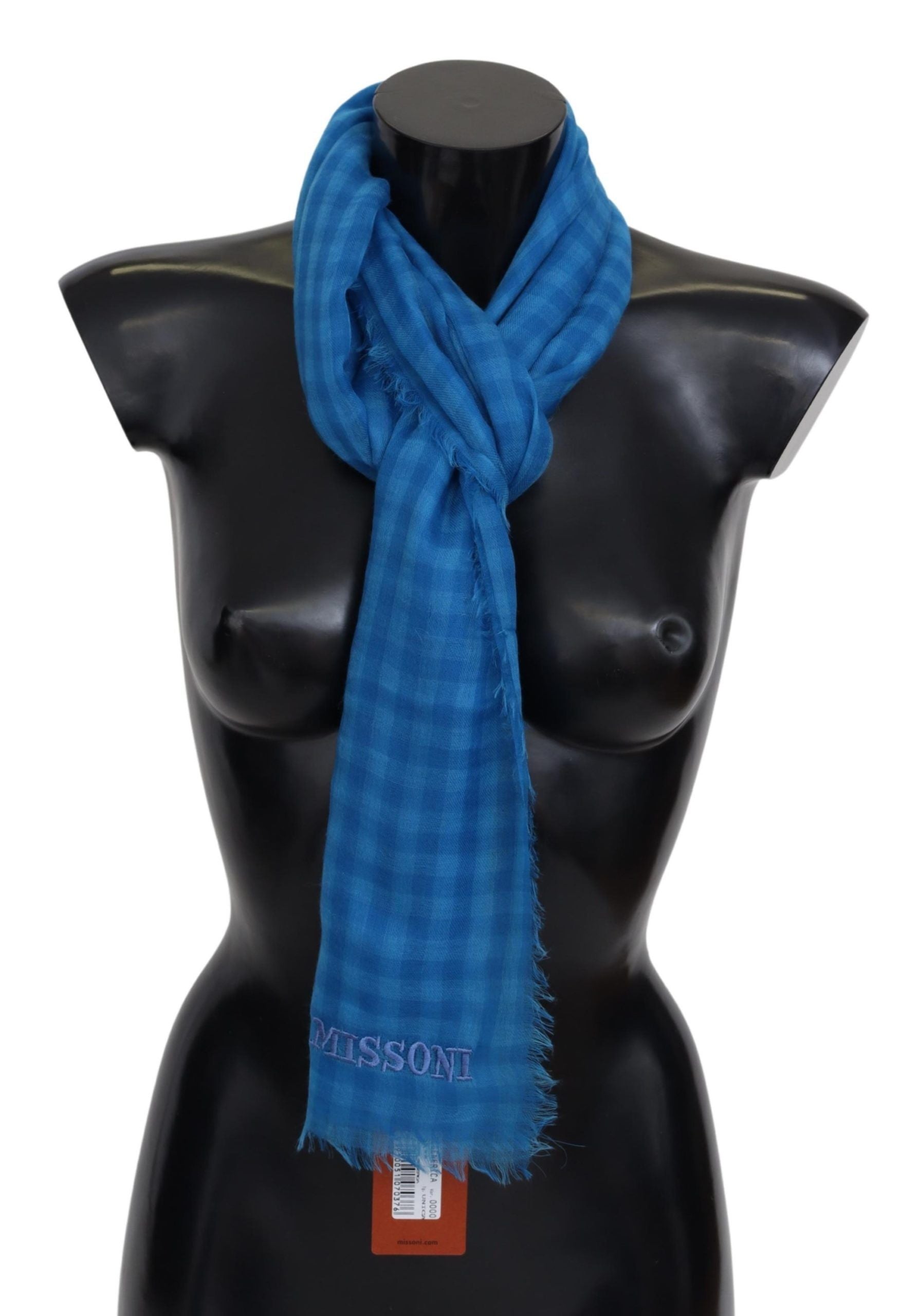Missoni Blue Checkered Cashmere Unisex Wrap Fringes Men's Scarf
