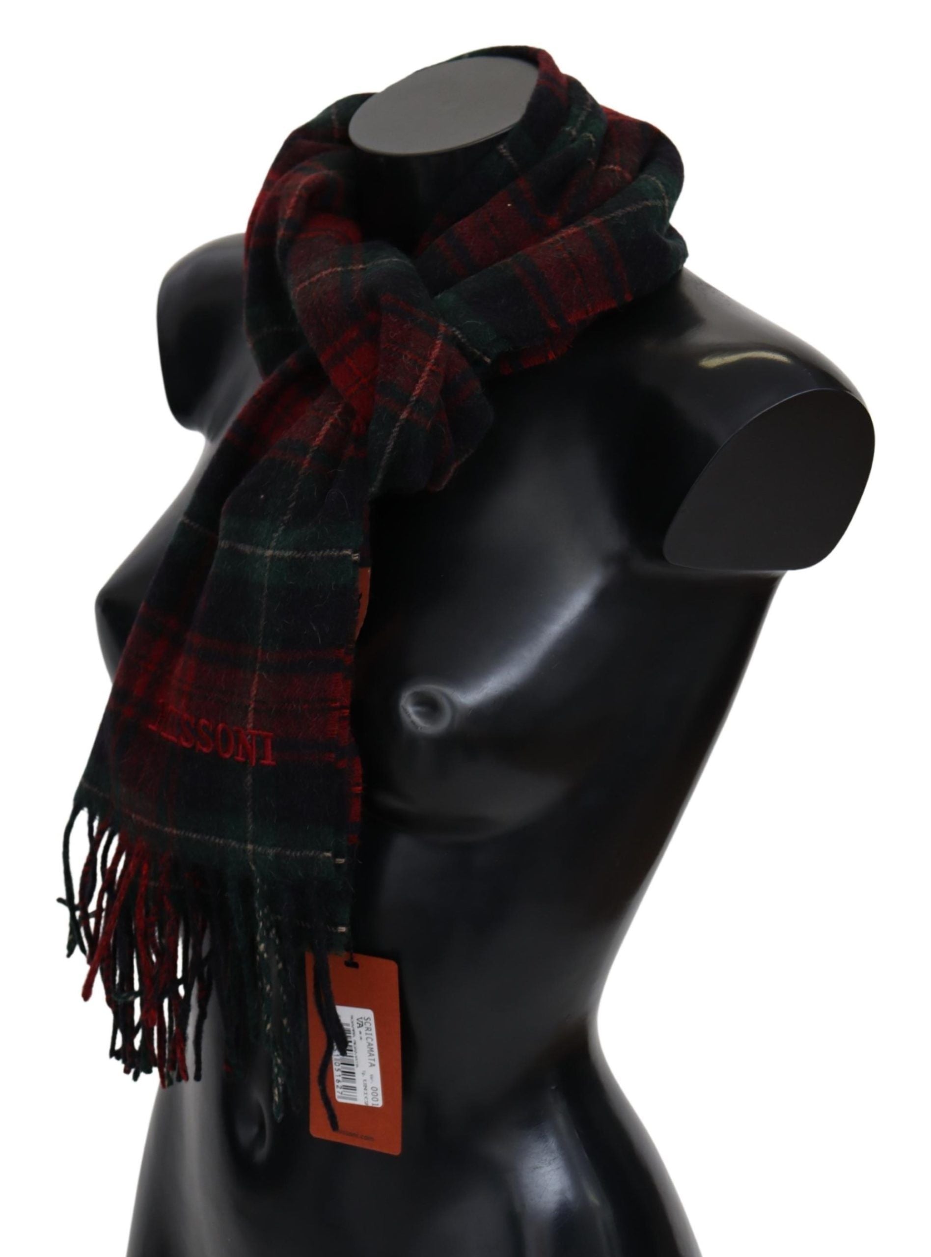 Missoni Black Red Check Wool Unisex Neck Wrap Fringes Men's Scarf