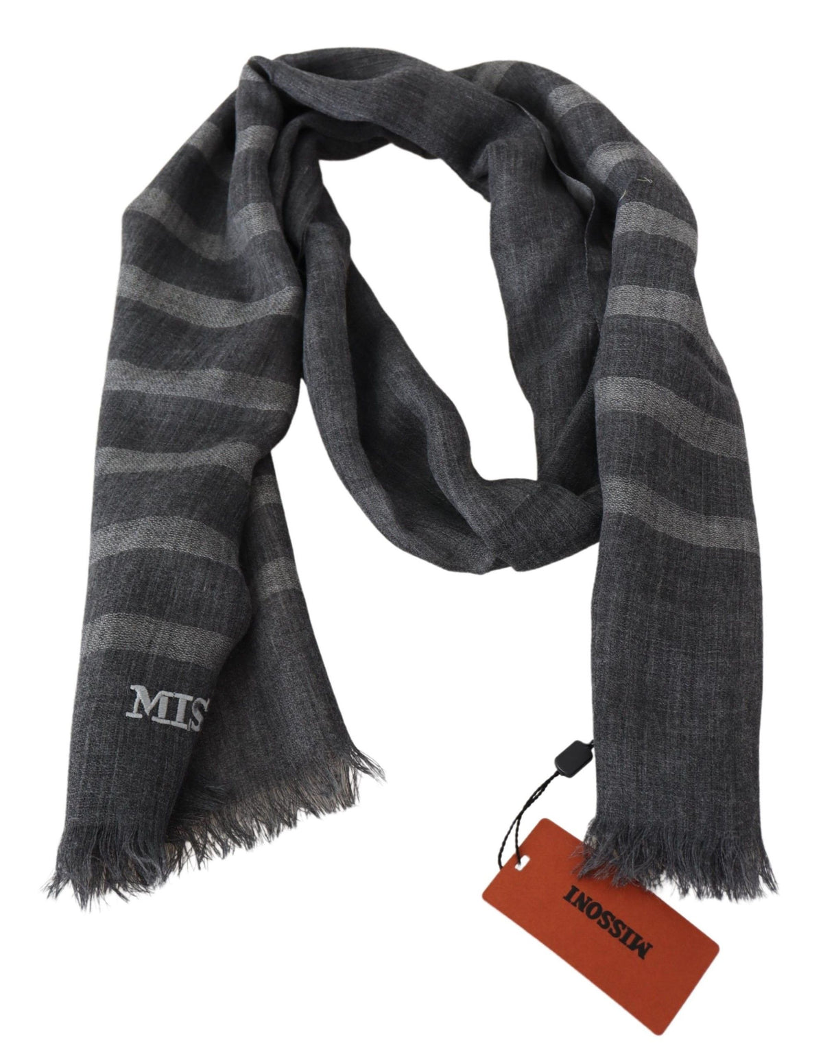 Missoni Gray Striped Wool Unisex Neck Wrap Fringes Men's Scarf