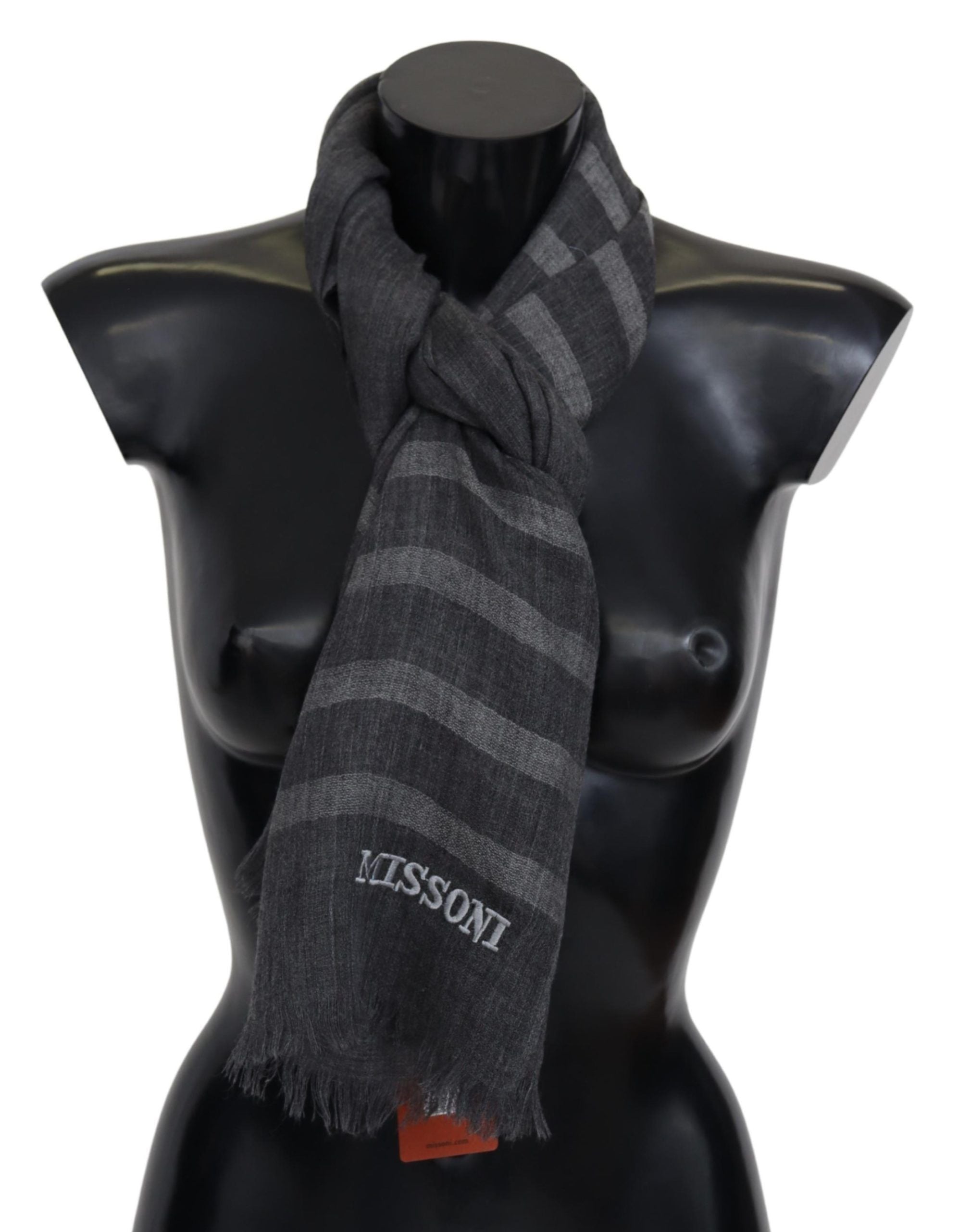Missoni Gray Striped Wool Unisex Neck Wrap Fringes Men's Scarf