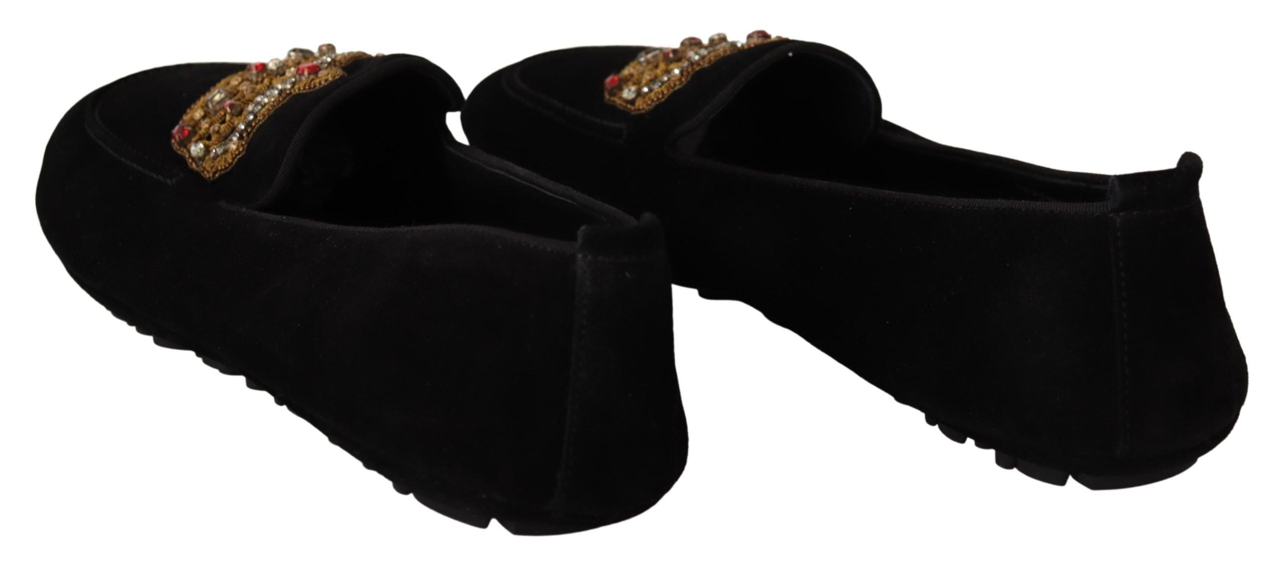Dolce & Gabbana Black Leather Crystal Gold Crown Loafers Men's Shoes