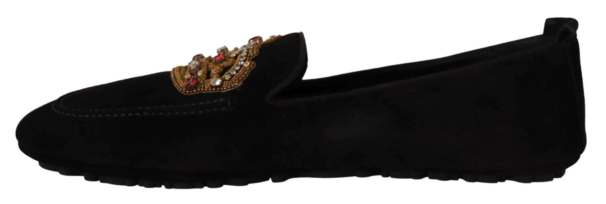 Dolce & Gabbana Black Leather Crystal Gold Crown Loafers Men's Shoes