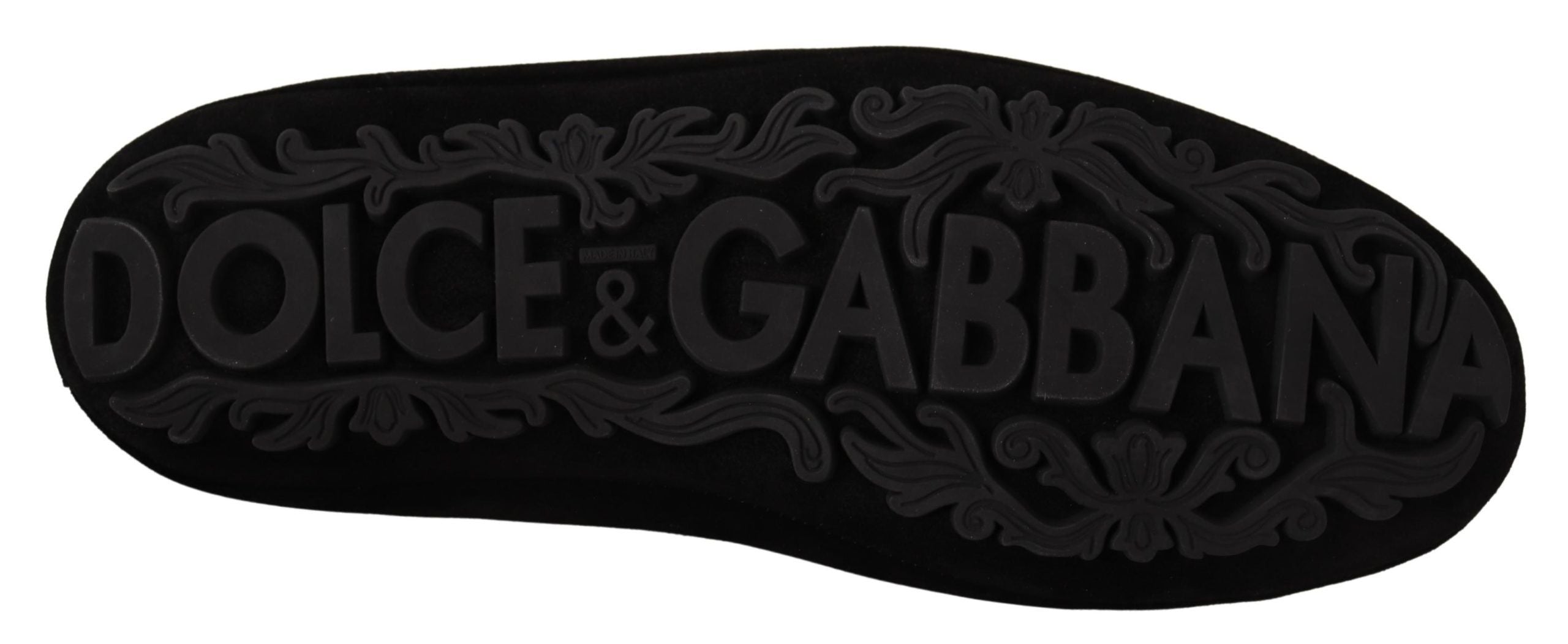 Dolce & Gabbana Black Leather Crystal Gold Crown Loafers Men's Shoes
