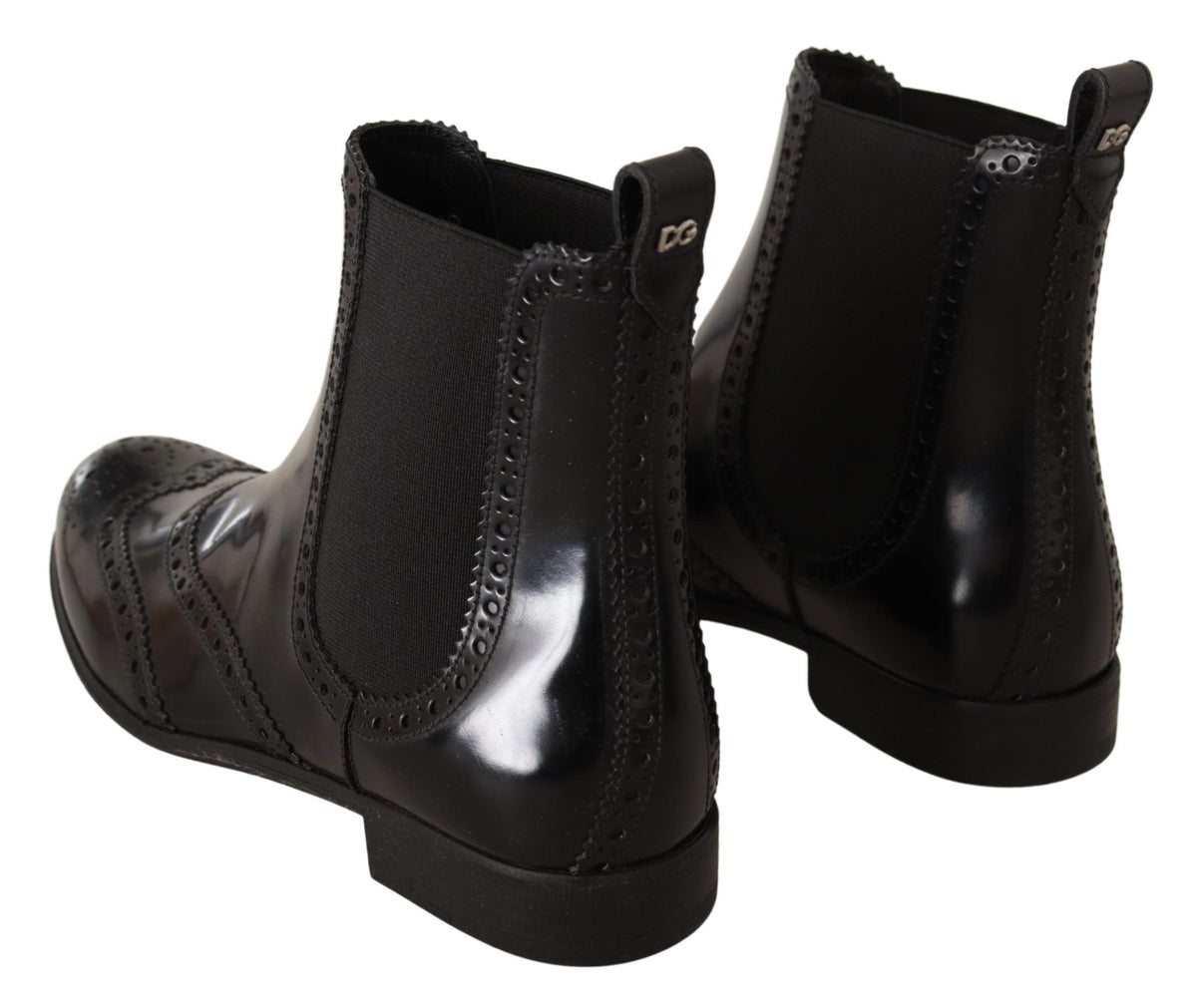 Dolce & Gabbana Black Leather Ankle High Flat Boots Women's Shoes