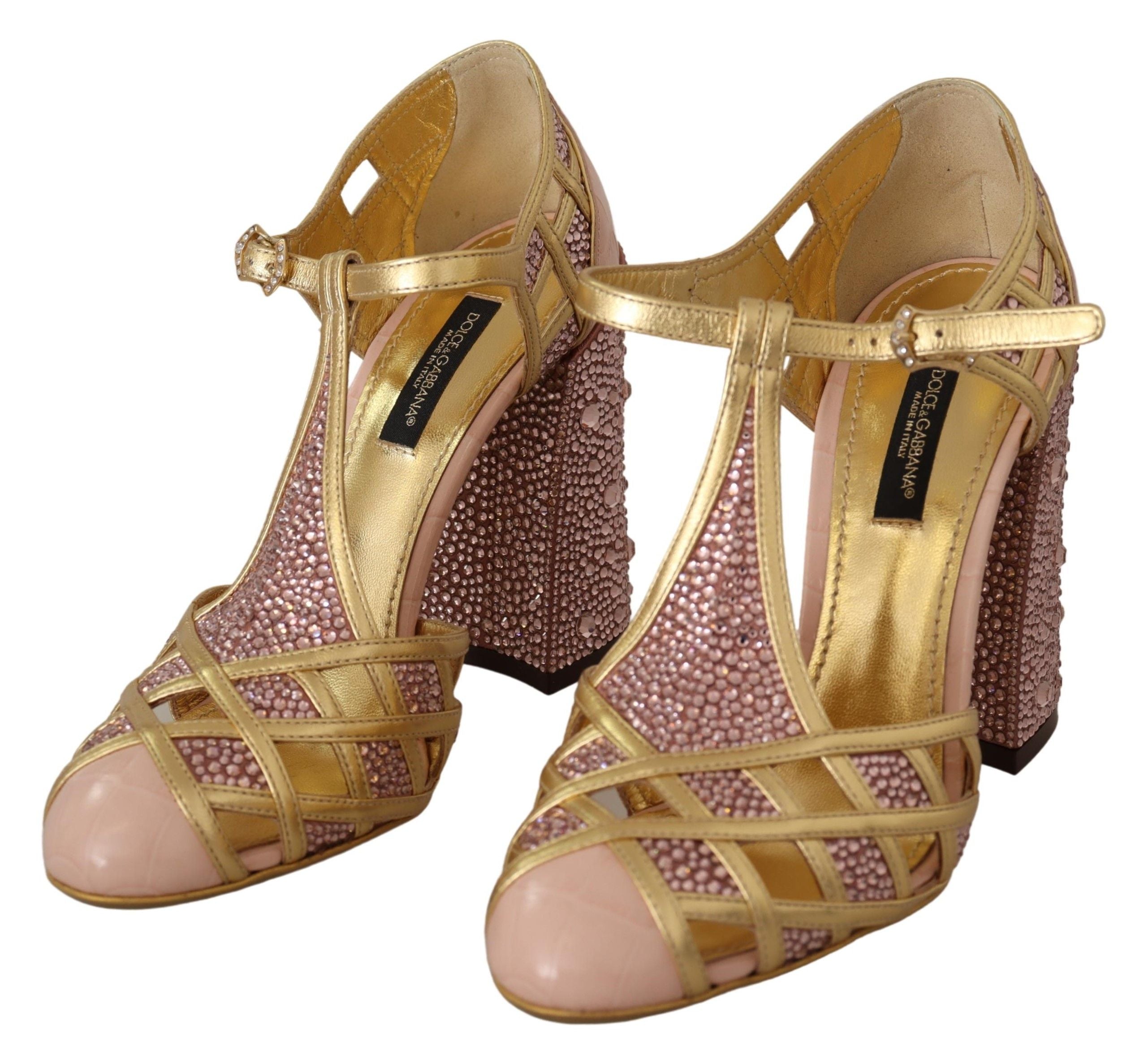 Dolce & Gabbana Pink Gold Leather Crystal Pumps T-strap Women's Shoes