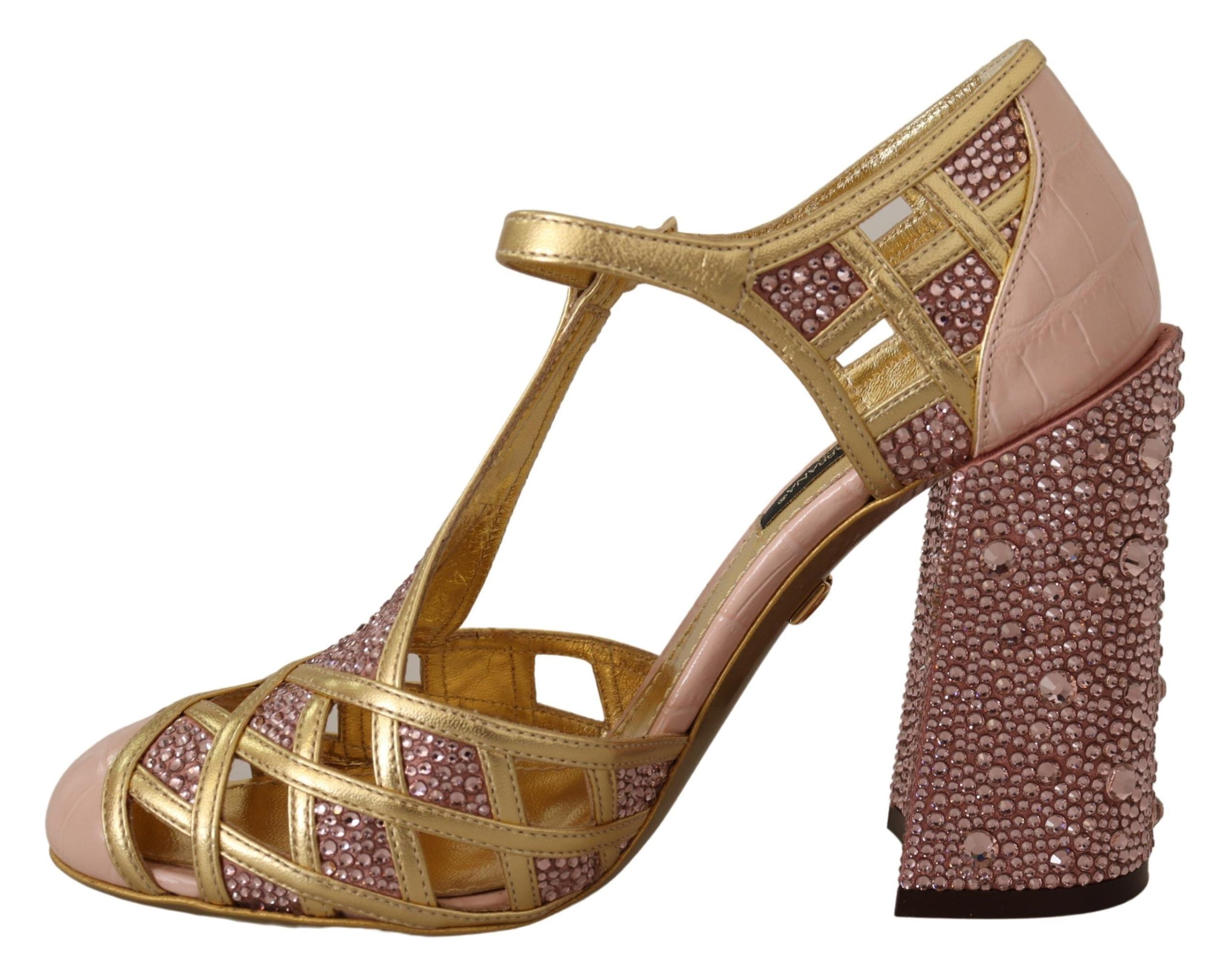 Dolce & Gabbana Pink Gold Leather Crystal Pumps T-strap Women's Shoes