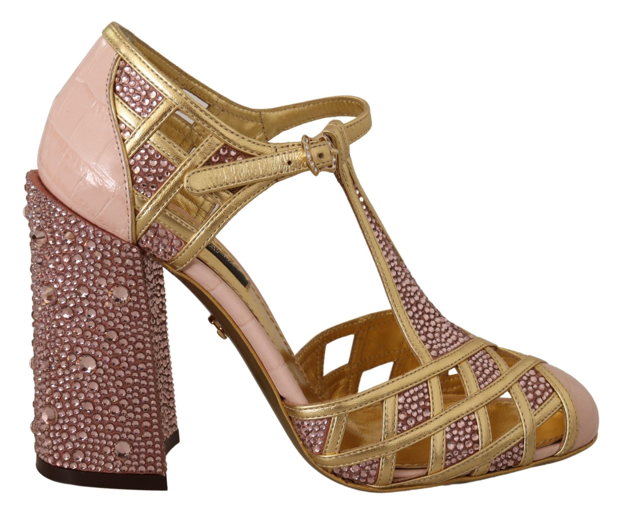 Dolce & Gabbana Pink Gold Leather Crystal Pumps T-strap Women's Shoes