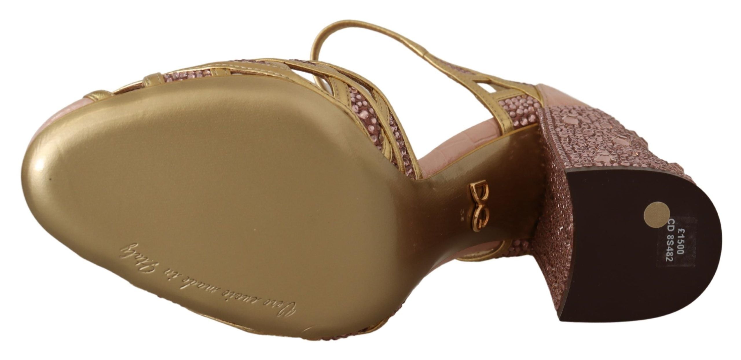 Dolce & Gabbana Pink Gold Leather Crystal Pumps T-strap Women's Shoes
