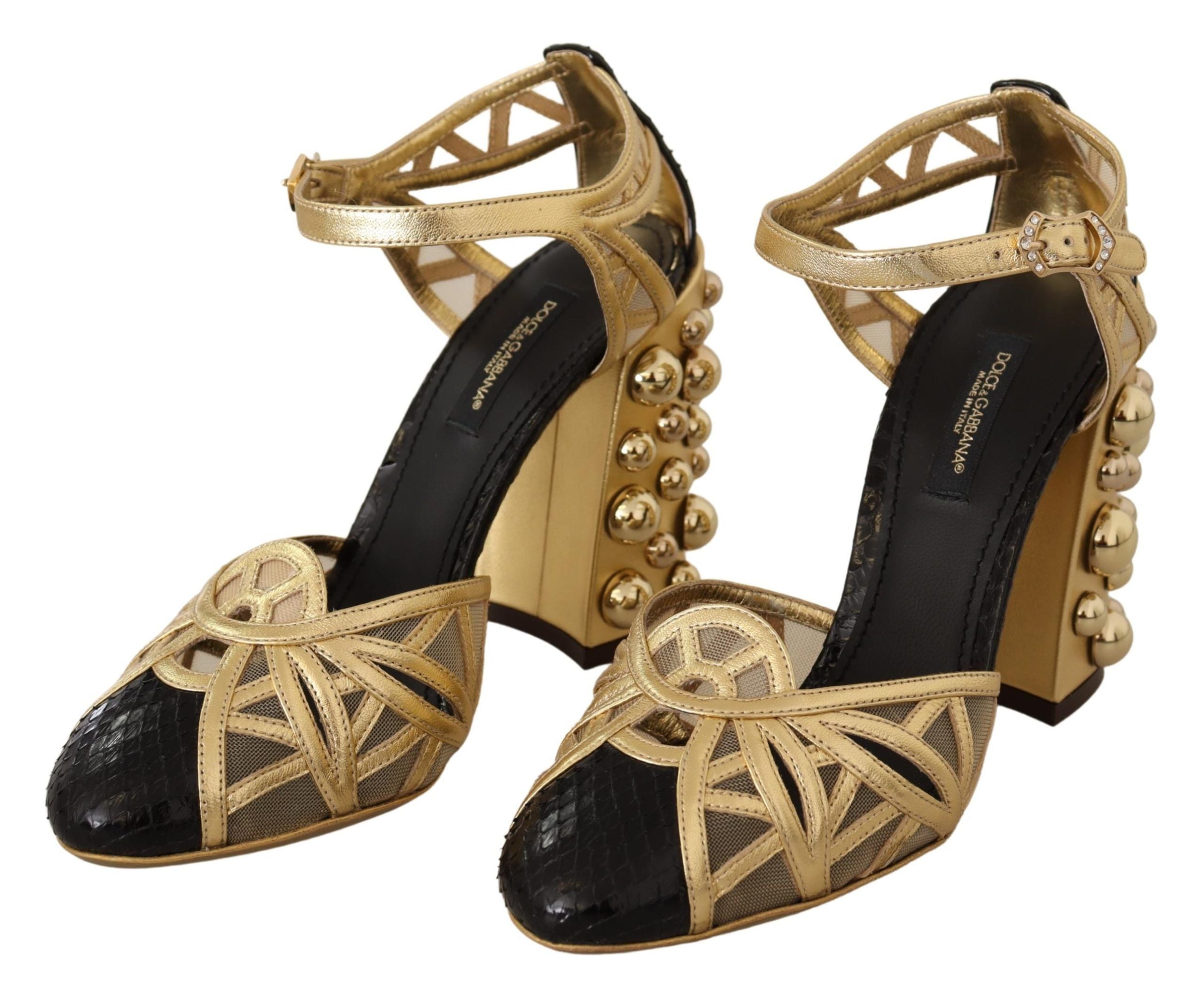 Dolce & Gabbana Black Gold Leather Studded Ankle Straps Women's Shoes