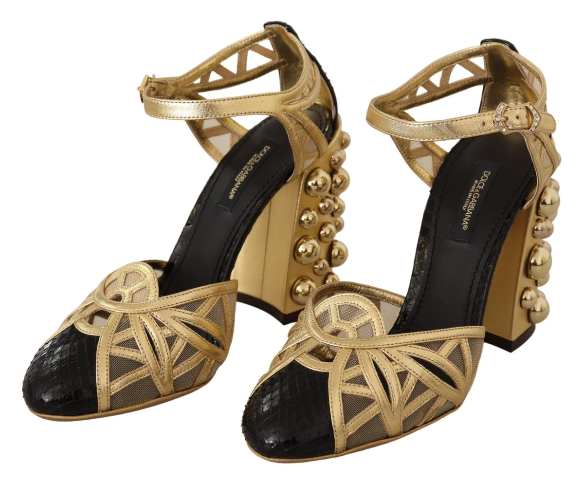 Dolce & Gabbana Black Gold Leather Studded Ankle Straps Women's Shoes