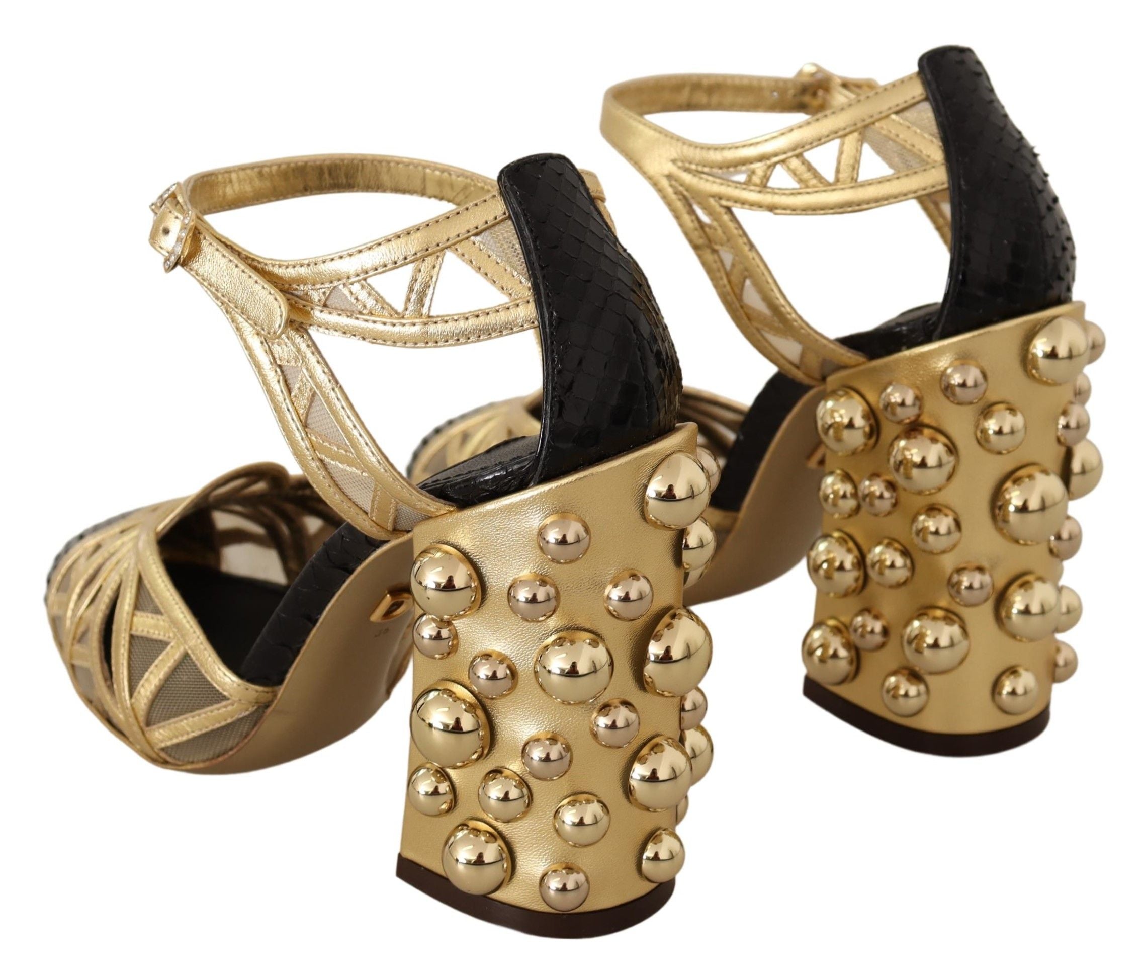 Dolce & Gabbana Black Gold Leather Studded Ankle Straps Women's Shoes