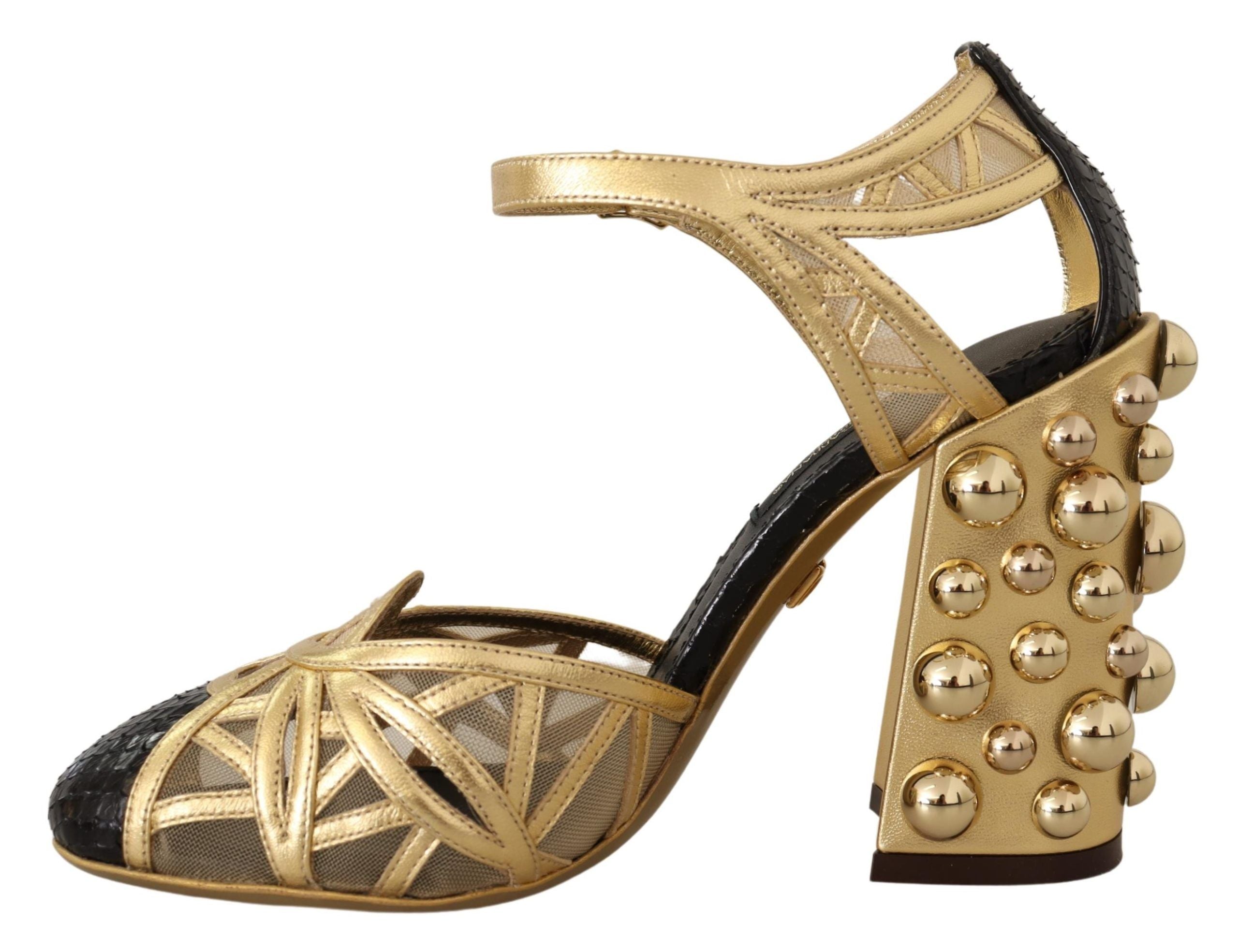 Dolce & Gabbana Black Gold Leather Studded Ankle Straps Women's Shoes