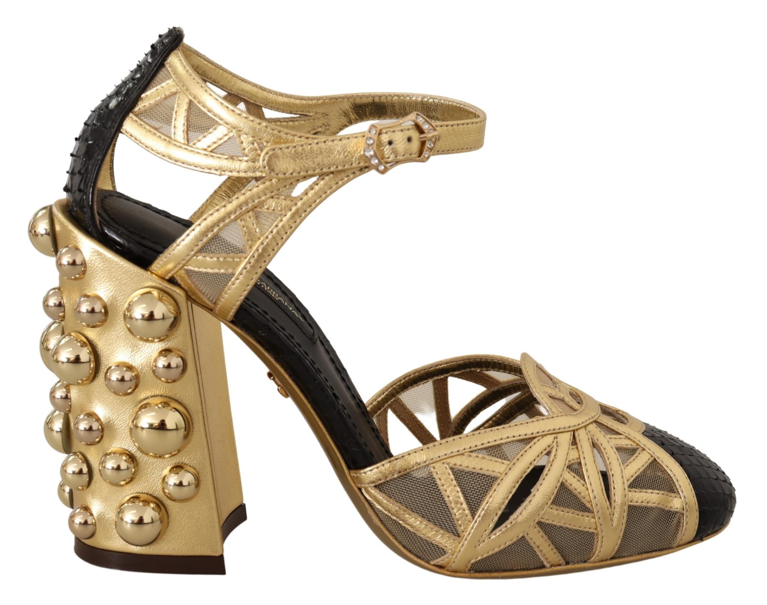 Dolce & Gabbana Black Gold Leather Studded Ankle Straps Women's Shoes