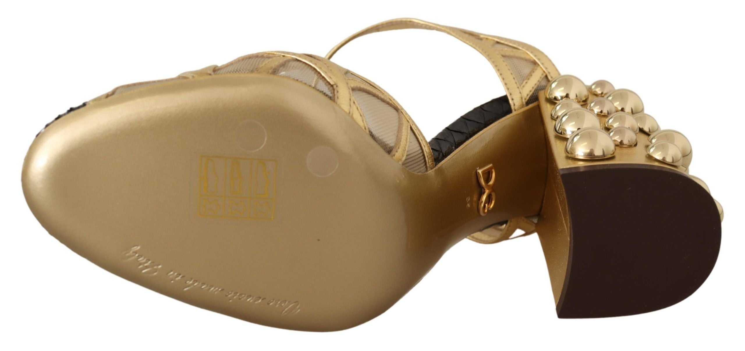 Dolce & Gabbana Black Gold Leather Studded Ankle Straps Women's Shoes