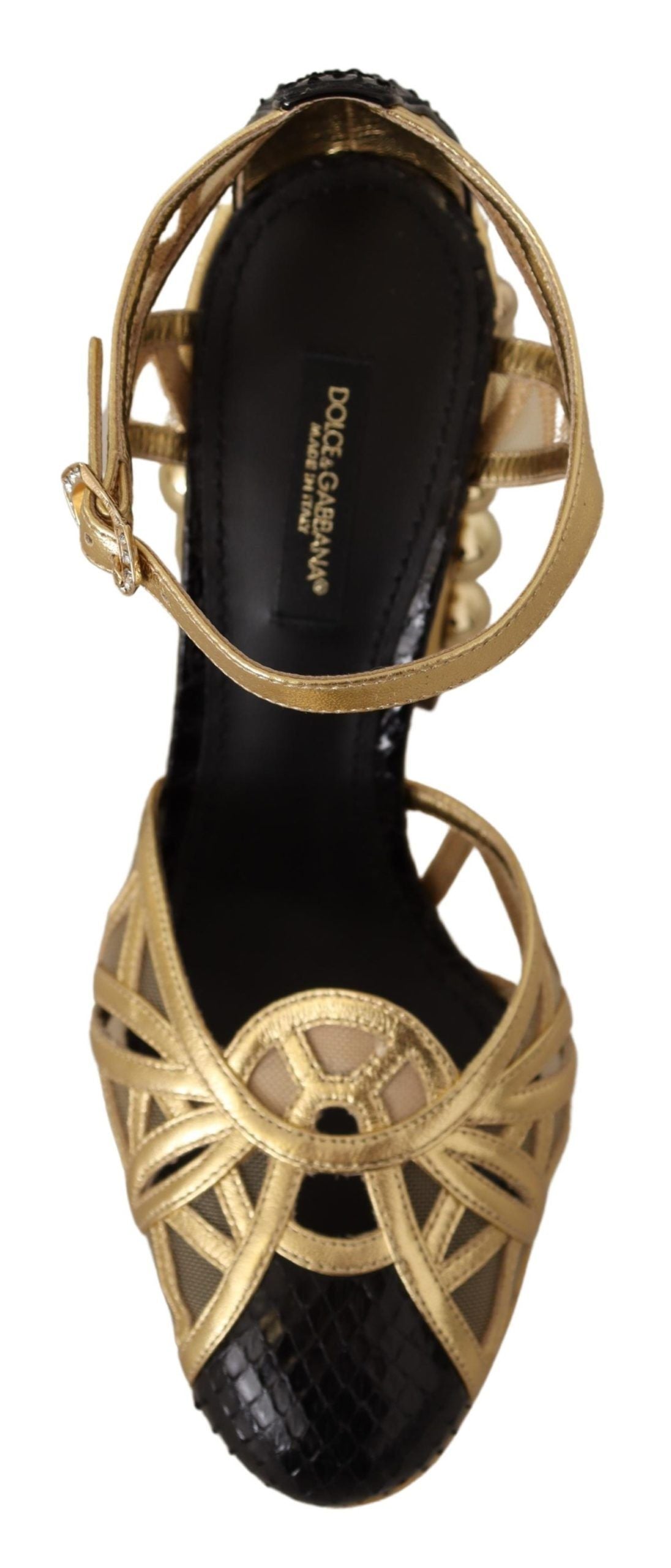 Dolce & Gabbana Black Gold Leather Studded Ankle Straps Women's Shoes