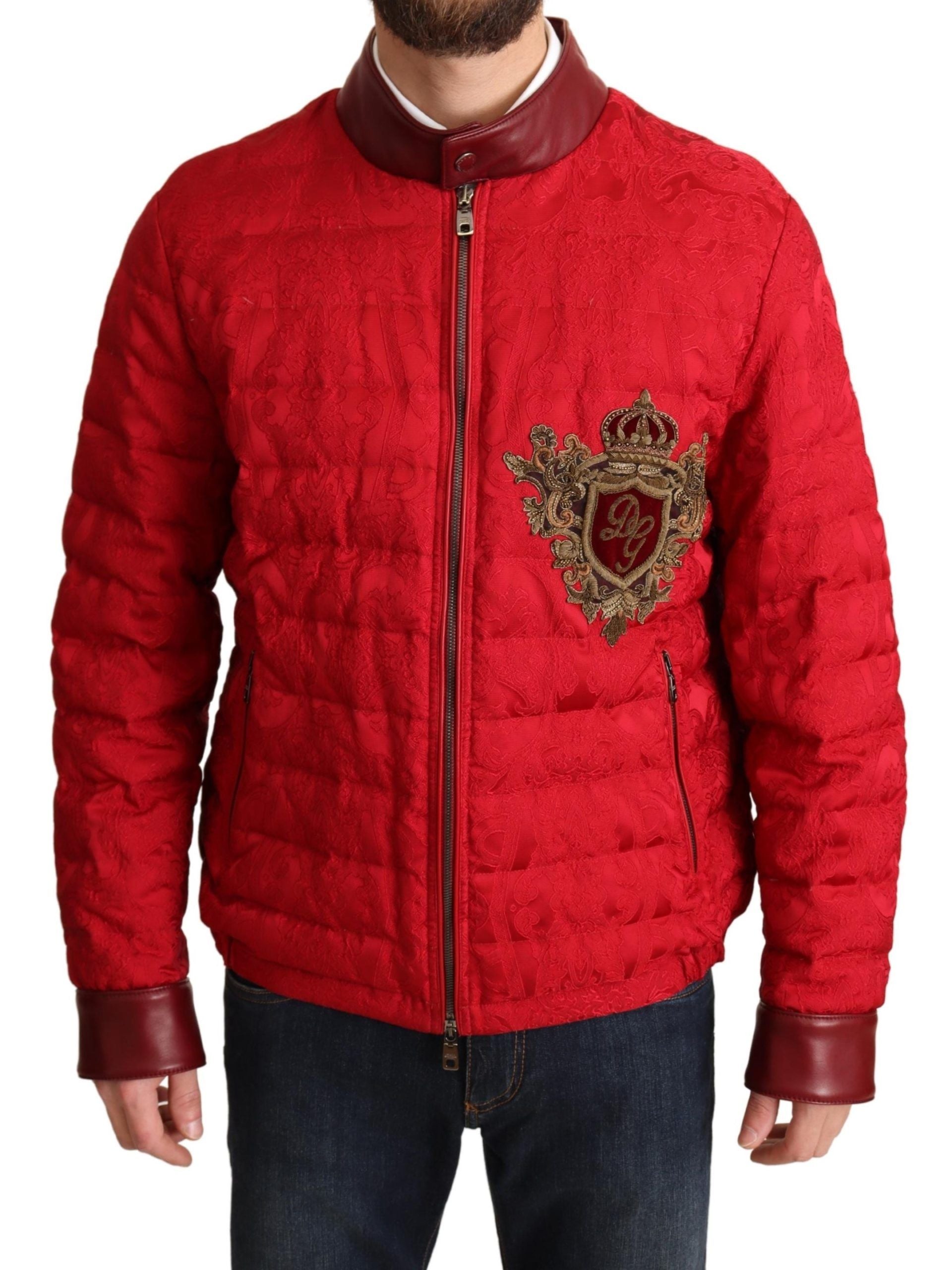 Dolce & Gabbana Red Brocade Bomber Gold Crown Logo Coat Men's Jacket