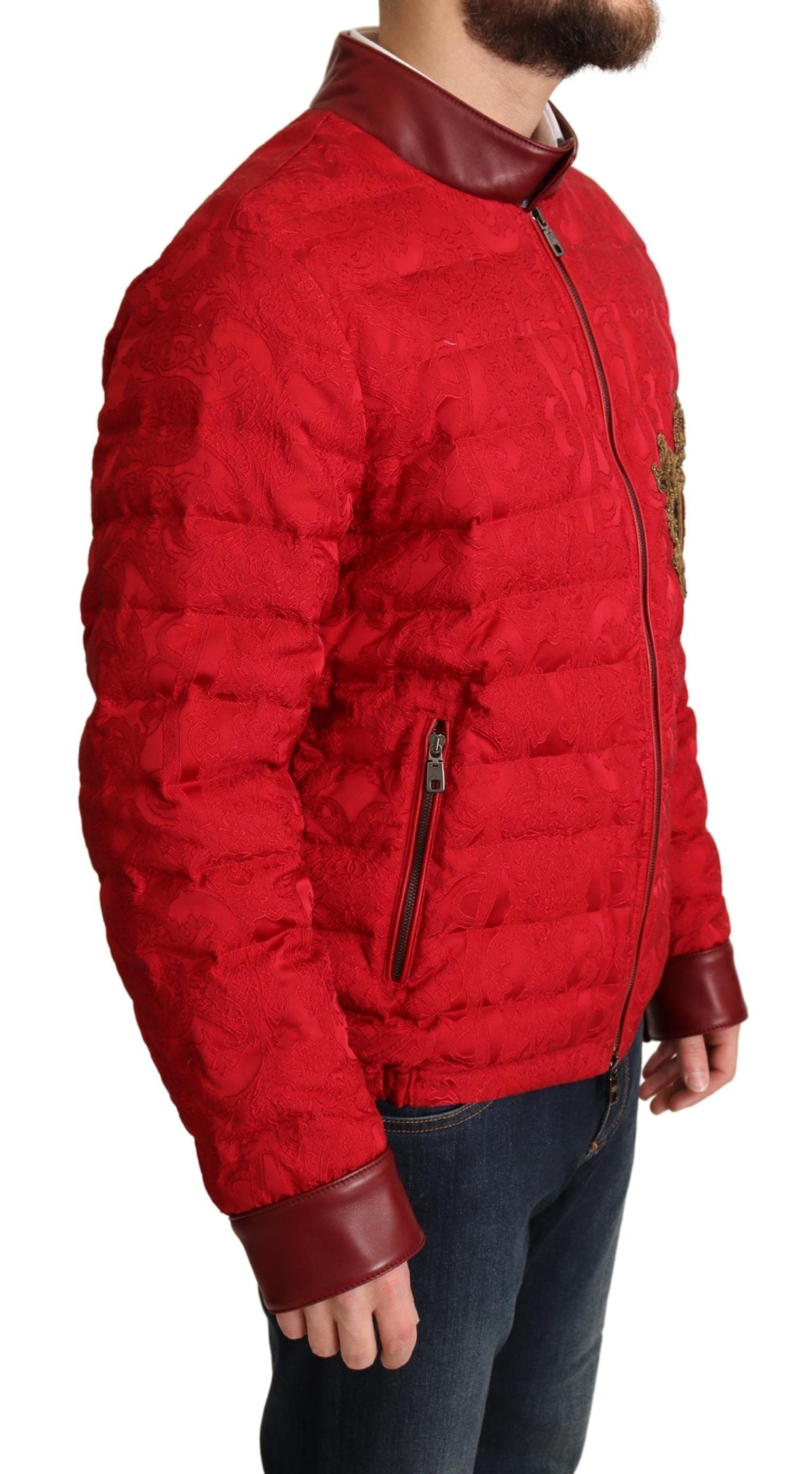 Dolce & Gabbana Red Brocade Bomber Gold Crown Logo Coat Men's Jacket