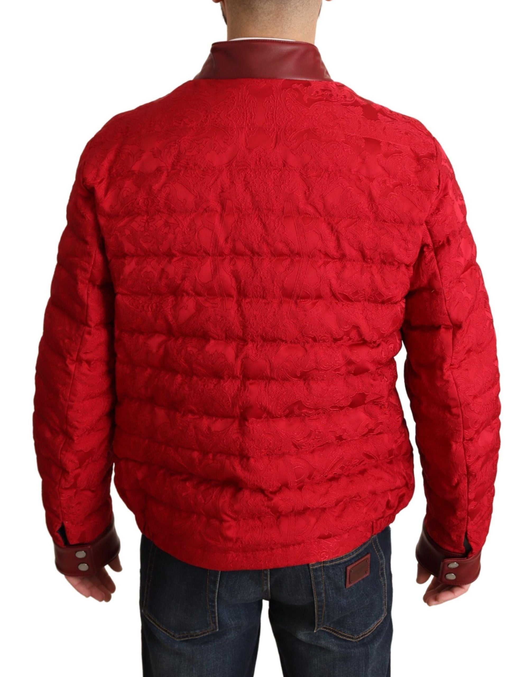 Dolce & Gabbana Red Brocade Bomber Gold Crown Logo Coat Men's Jacket