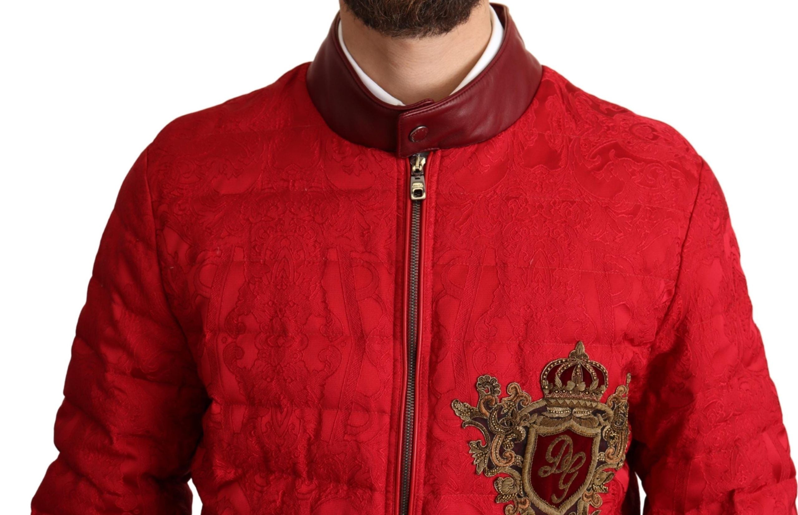 Dolce & Gabbana Red Brocade Bomber Gold Crown Logo Coat Men's Jacket