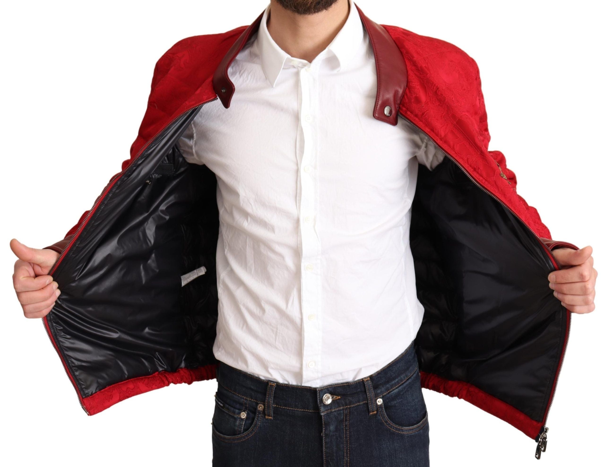 Dolce & Gabbana Red Brocade Bomber Gold Crown Logo Coat Men's Jacket